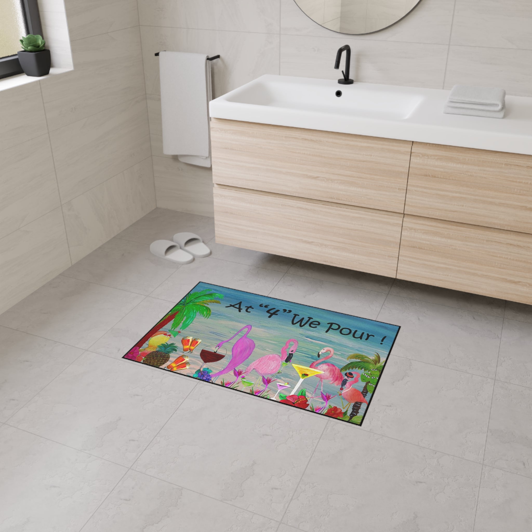 Tropical Flamingo Welcome Mat — "At '4' We Pour!" Cocktail Beach Door Mat