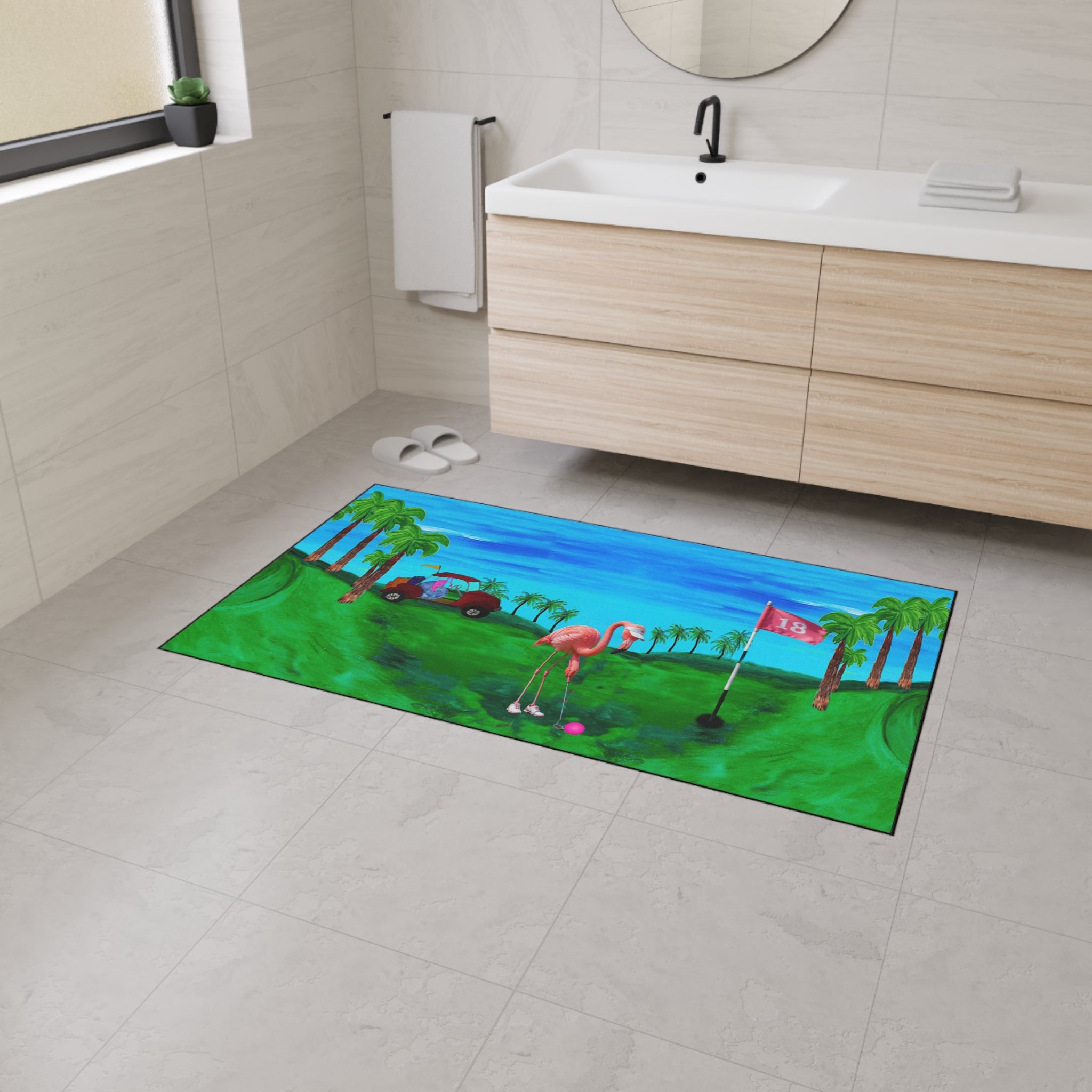 Golf Flamingo Heavy Duty Floor Mat — Tropical 18th Hole Welcome Mat