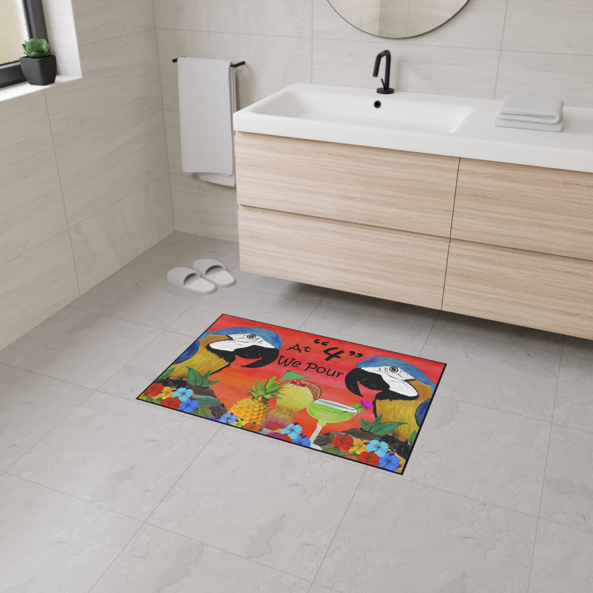 Tropical Parrot Floor Mat — "At 4 We Pour" Bar Welcome Doormat