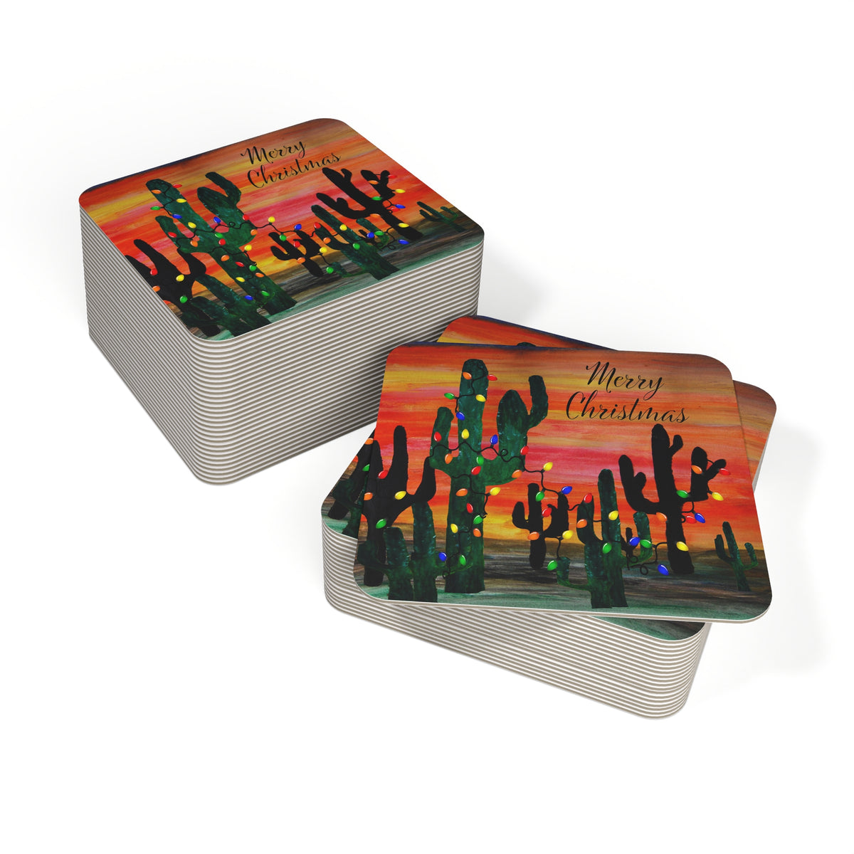 Christmas Cactus Coasters — Pack of 50/100 Holiday Drink Coasters with 'Merry Christmas' Desert Lights Design