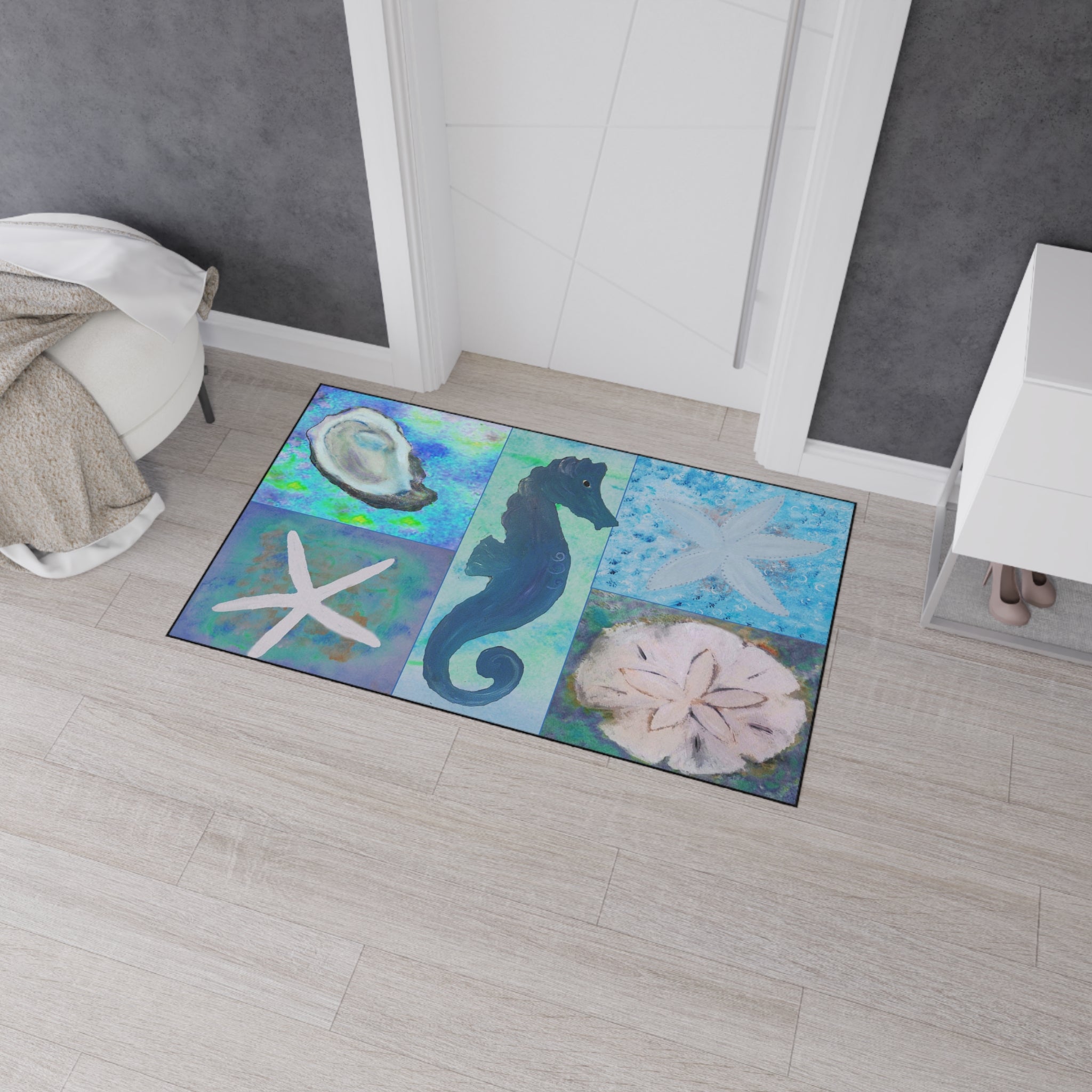 Coastal Sea Life Floor Mat — Seahorse, Starfish & Sand Dollar Rug