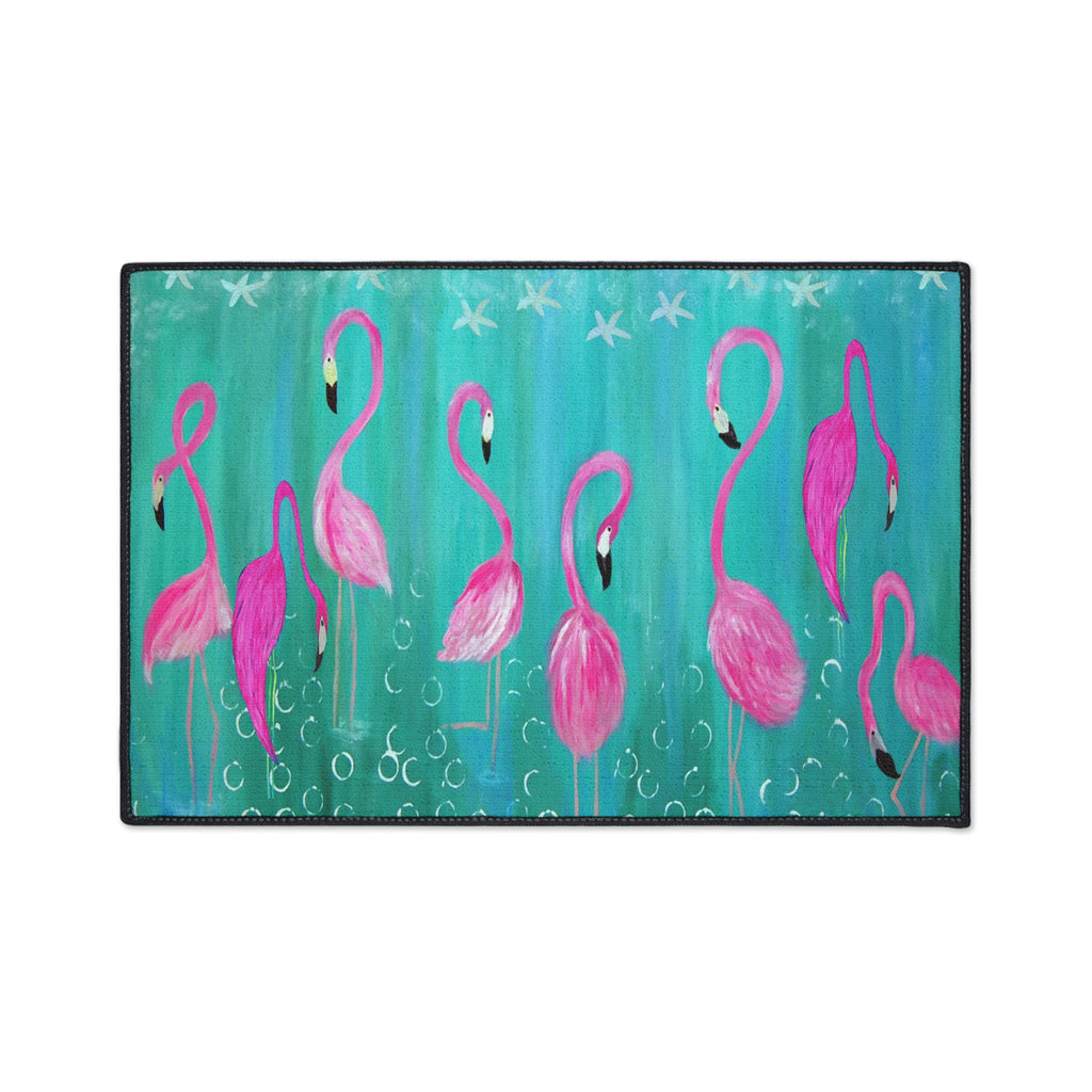 Flamingo Beach Floor Mat — Vibrant Pink Flamingos on Teal Non-Slip Mat