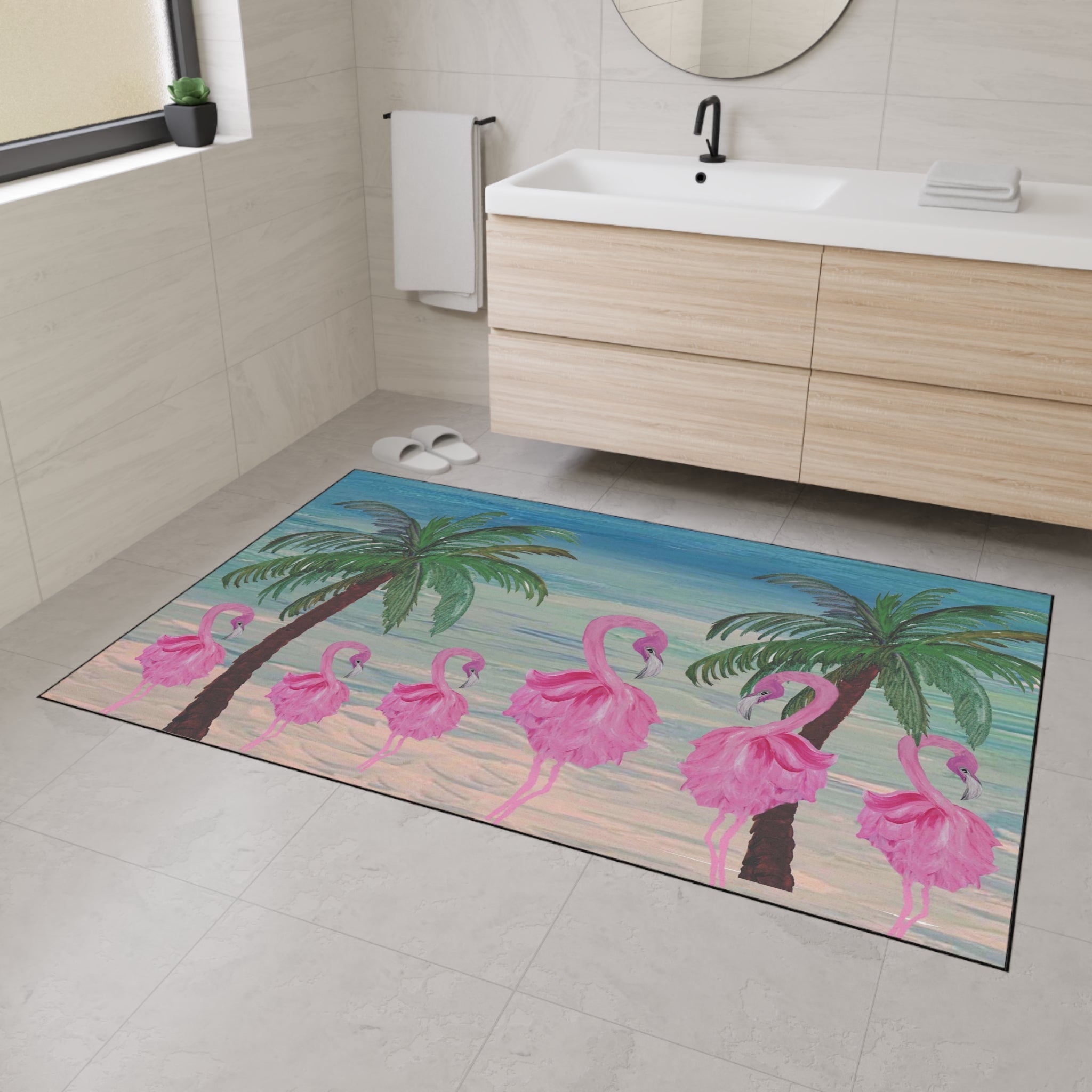 Flamingo Beach Heavy Duty Floor Mat — Tropical Palm Welcome Rug