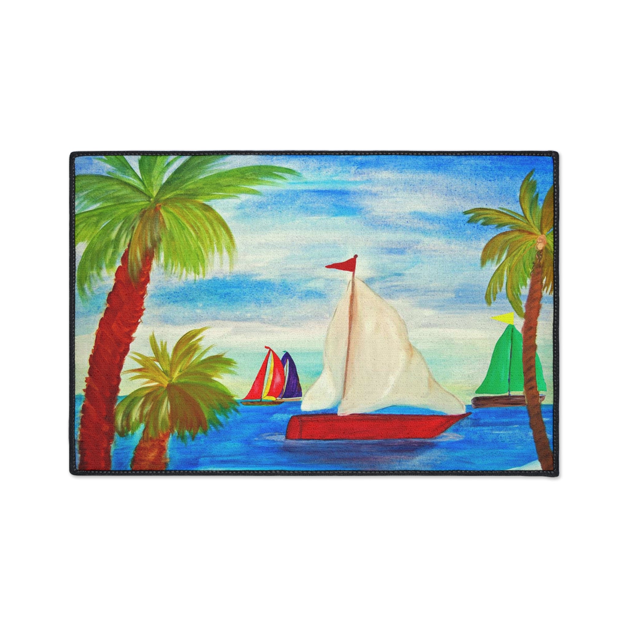 Sailboat Palm Beach Floor Mat — Heavy-Duty Tropical Welcome Mat