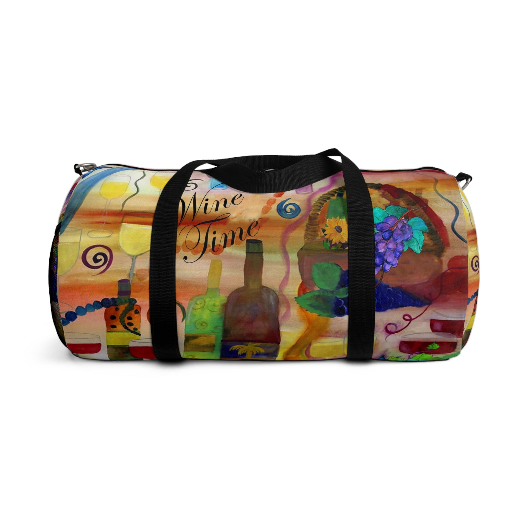 Wine Time Duffel Bag — Colorful Grapes & Bottles Travel Bag