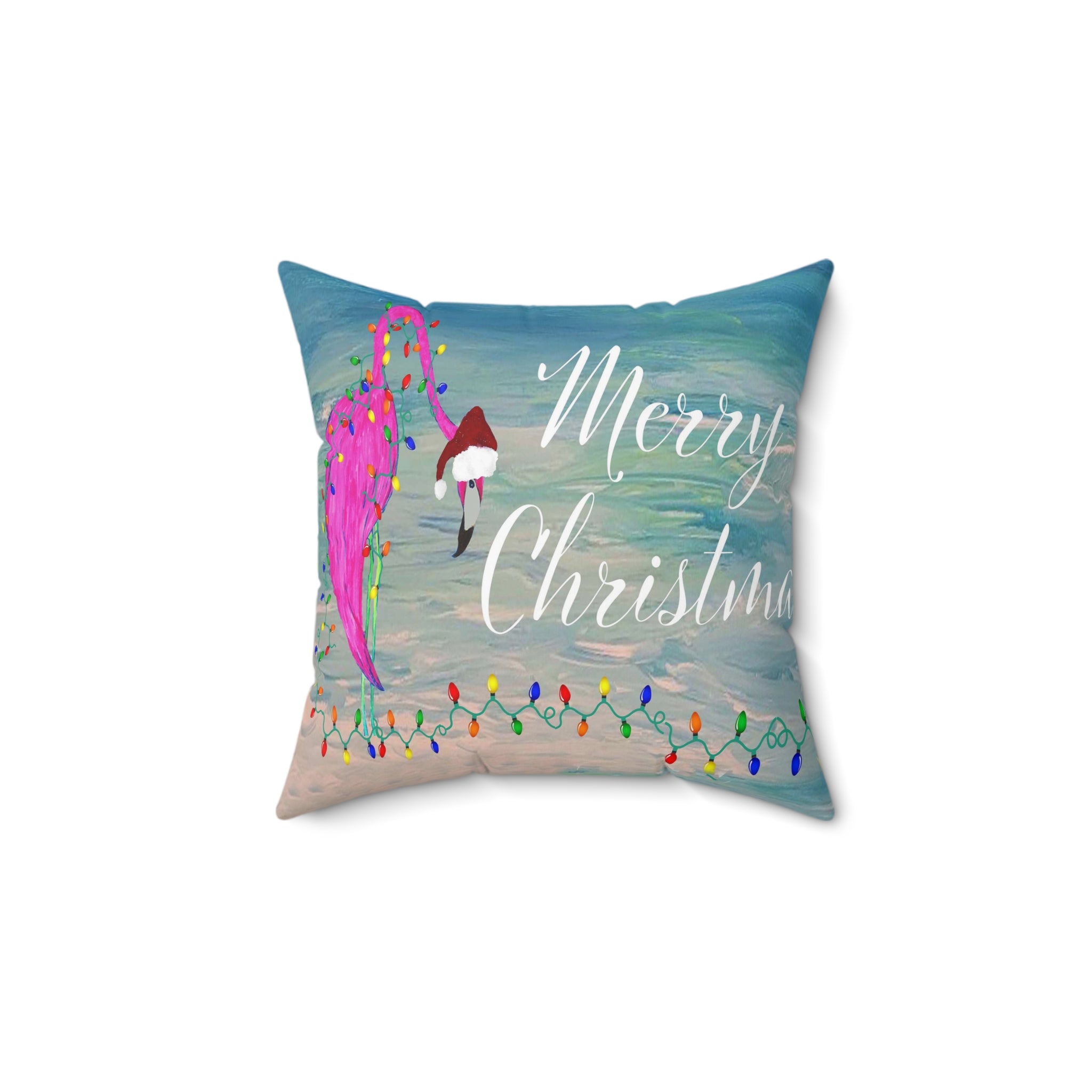 Tropical flamingo and Holiday lights clearwater beach Spun Polyester Square Pillow