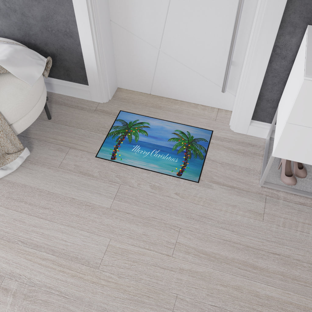 Merry Christmas Tropical Palm Doormat — Heavy Duty Holiday Floor Mat