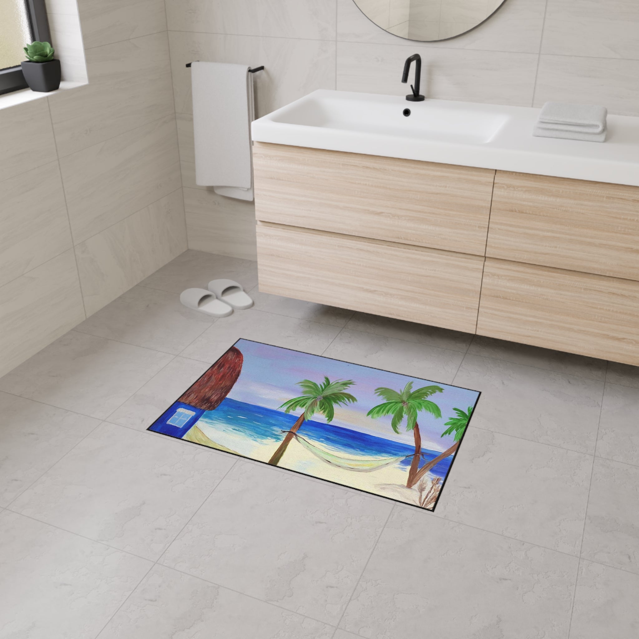 Beach Scene Heavy Duty Floor Mat — Tropical Hammock Palm Tree Doormat