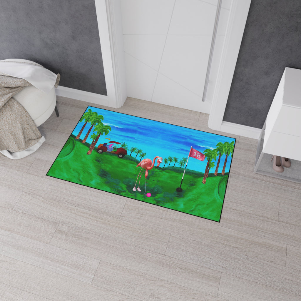 Golf Flamingo Heavy Duty Floor Mat — Tropical 18th Hole Welcome Mat
