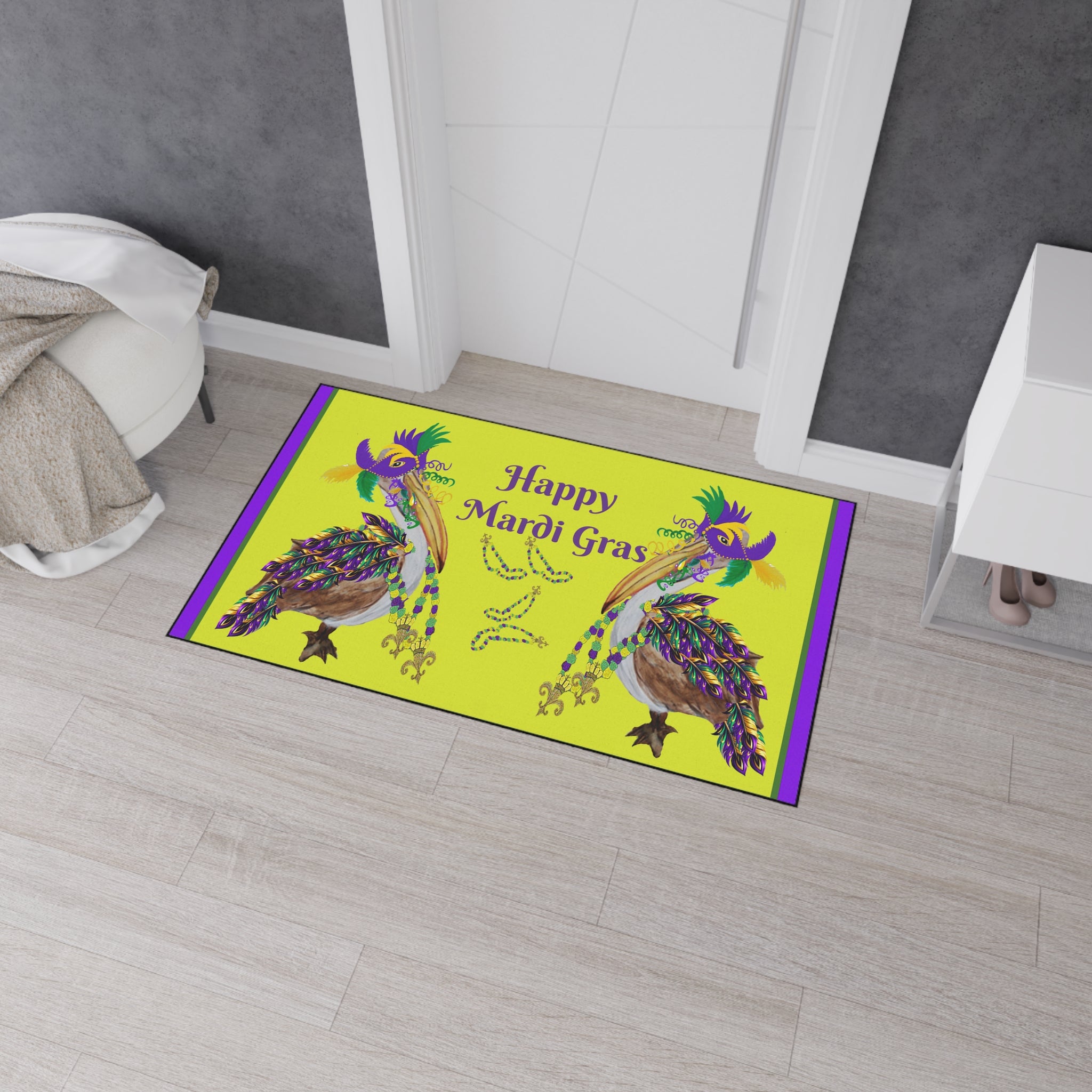 Pelican Mardi Gras adorned in beach home decor Heavy Duty Floor Mat rug