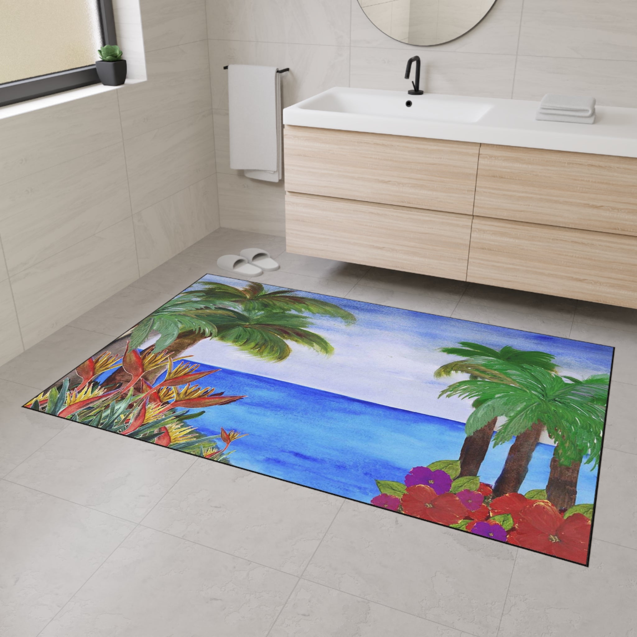 Tropical Beach Floor Mat – Palm Trees & Ocean Welcome Rug