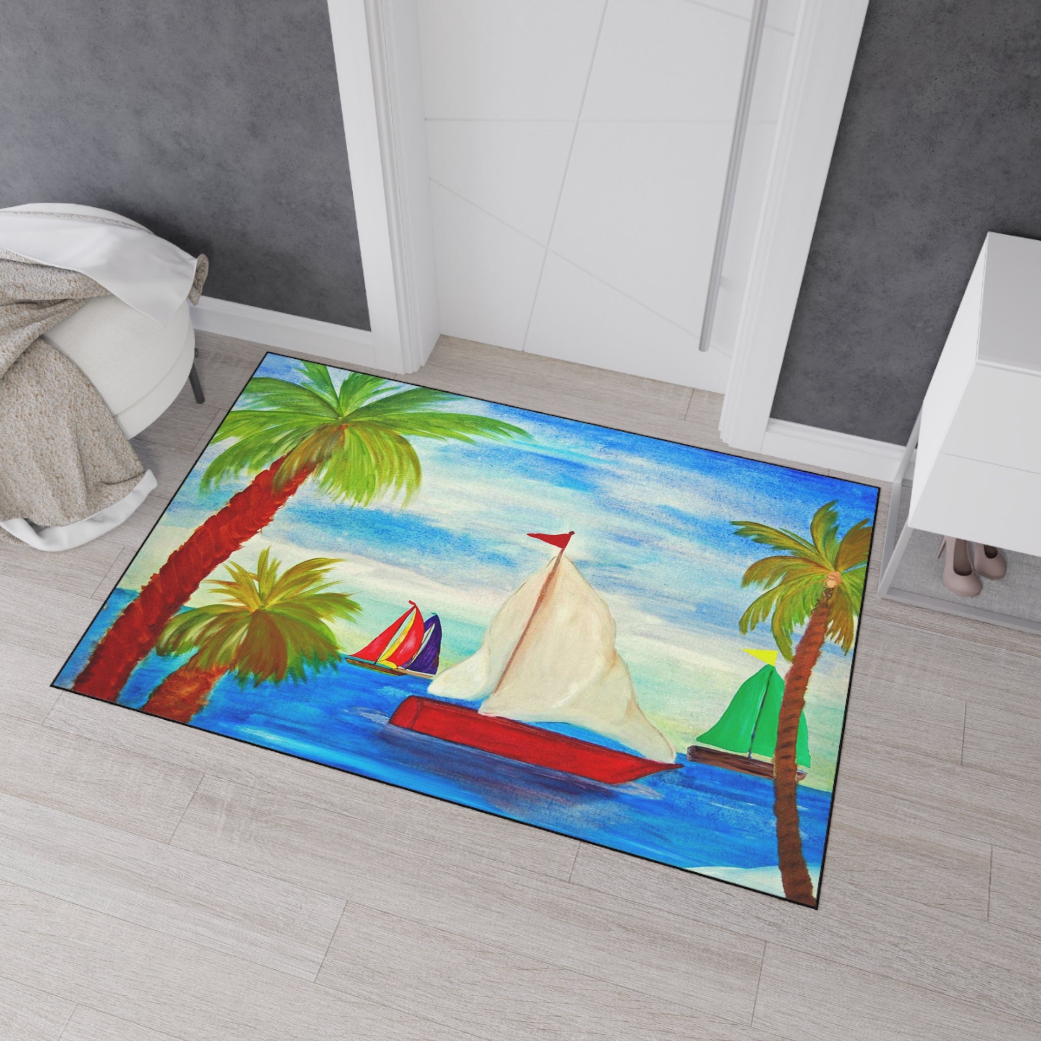 Sailboat Palm Beach Floor Mat — Heavy-Duty Tropical Welcome Mat