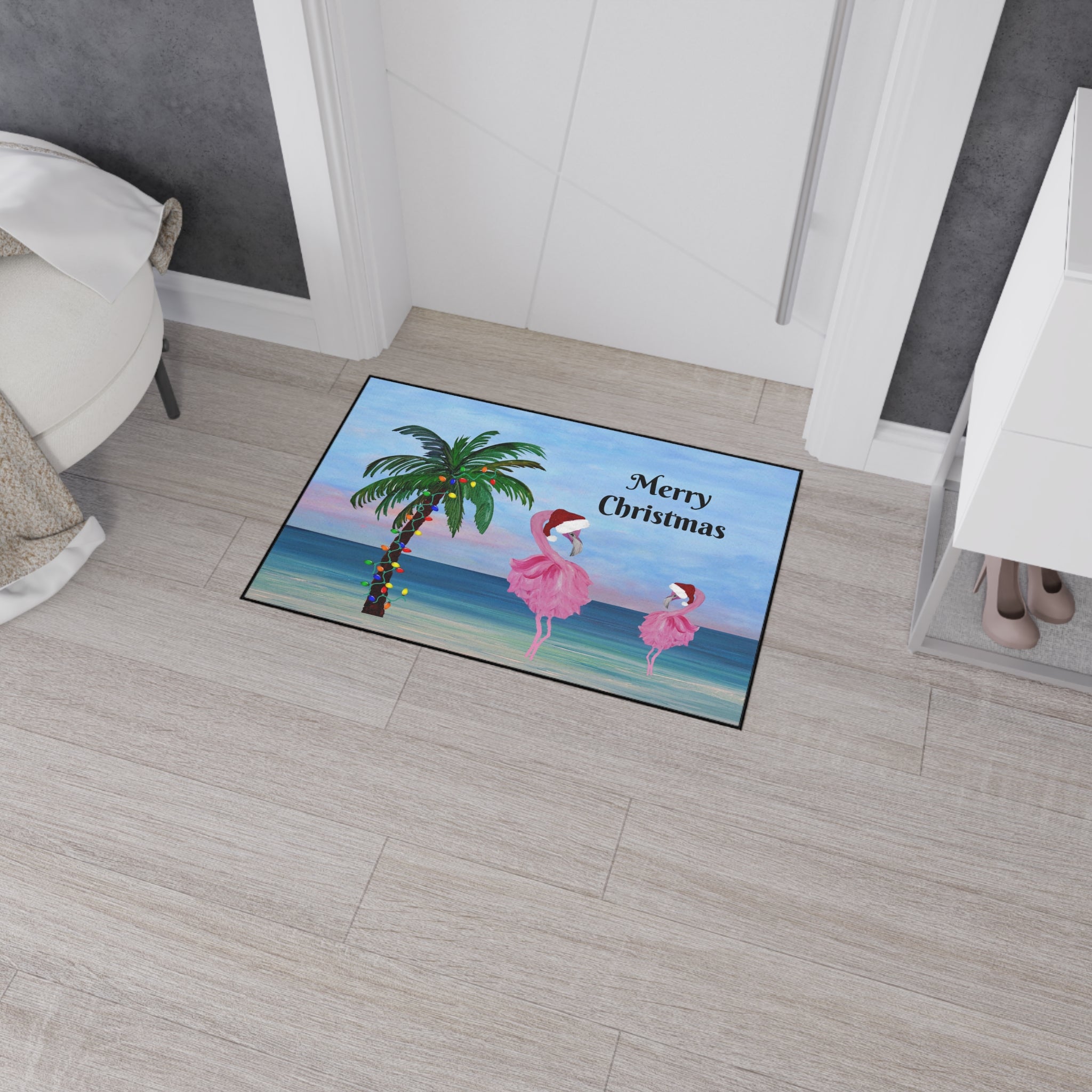 Christmas Beach Floor Mat — "Merry Christmas" Palm & Flamingo Holiday Doormat