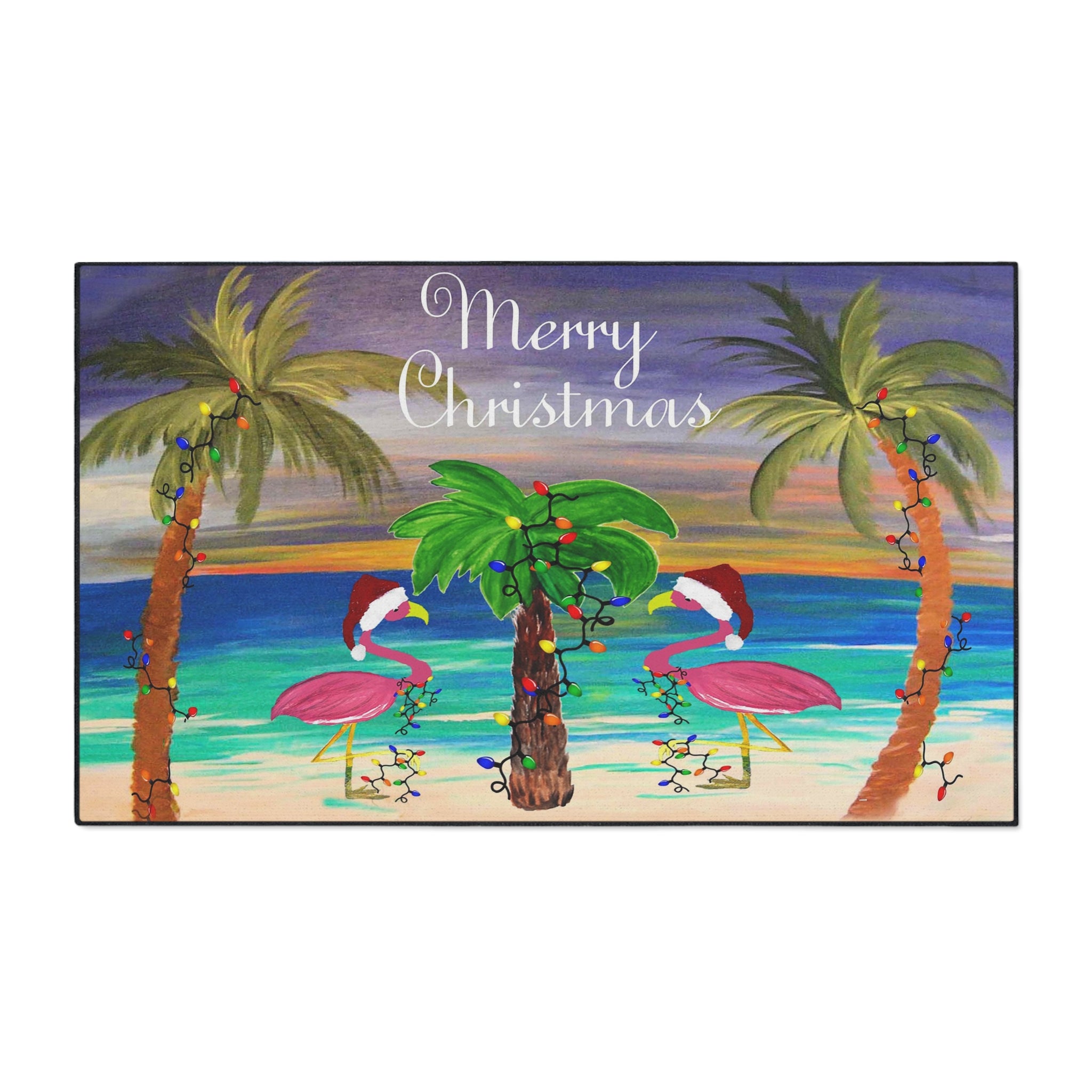 Christmas Beach Floor Mat — "Merry Christmas" Flamingo Palm Tree Doormat