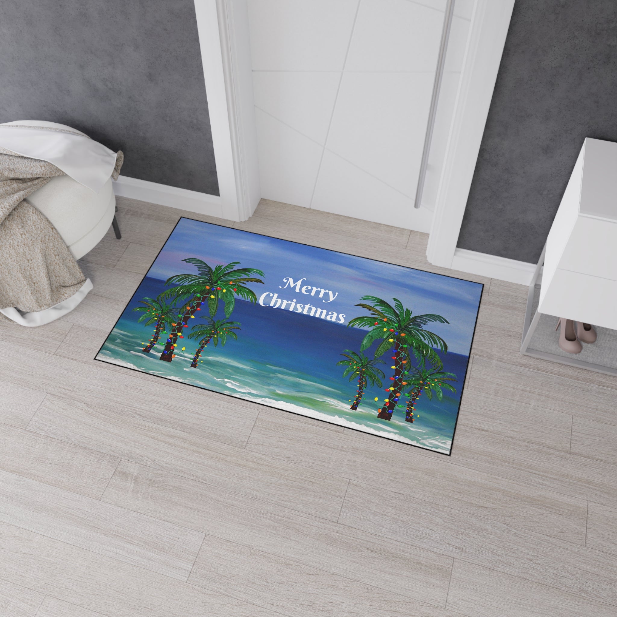 Merry Christmas Beach Floor Mat — Tropical Palm Trees Holiday Doormat