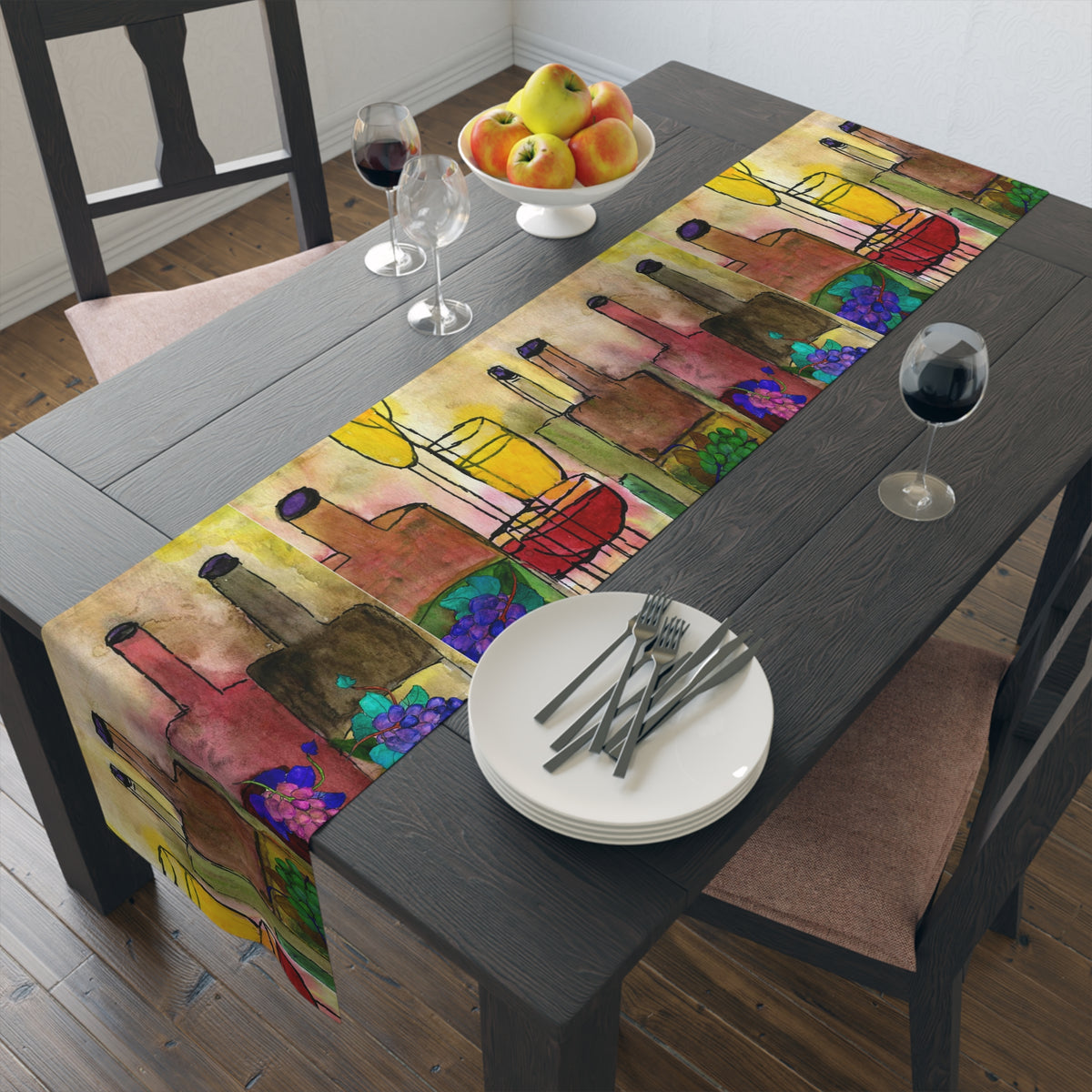 Wine Bottles & Vases Table Runner — Watercolor Rustic Farmhouse Decor