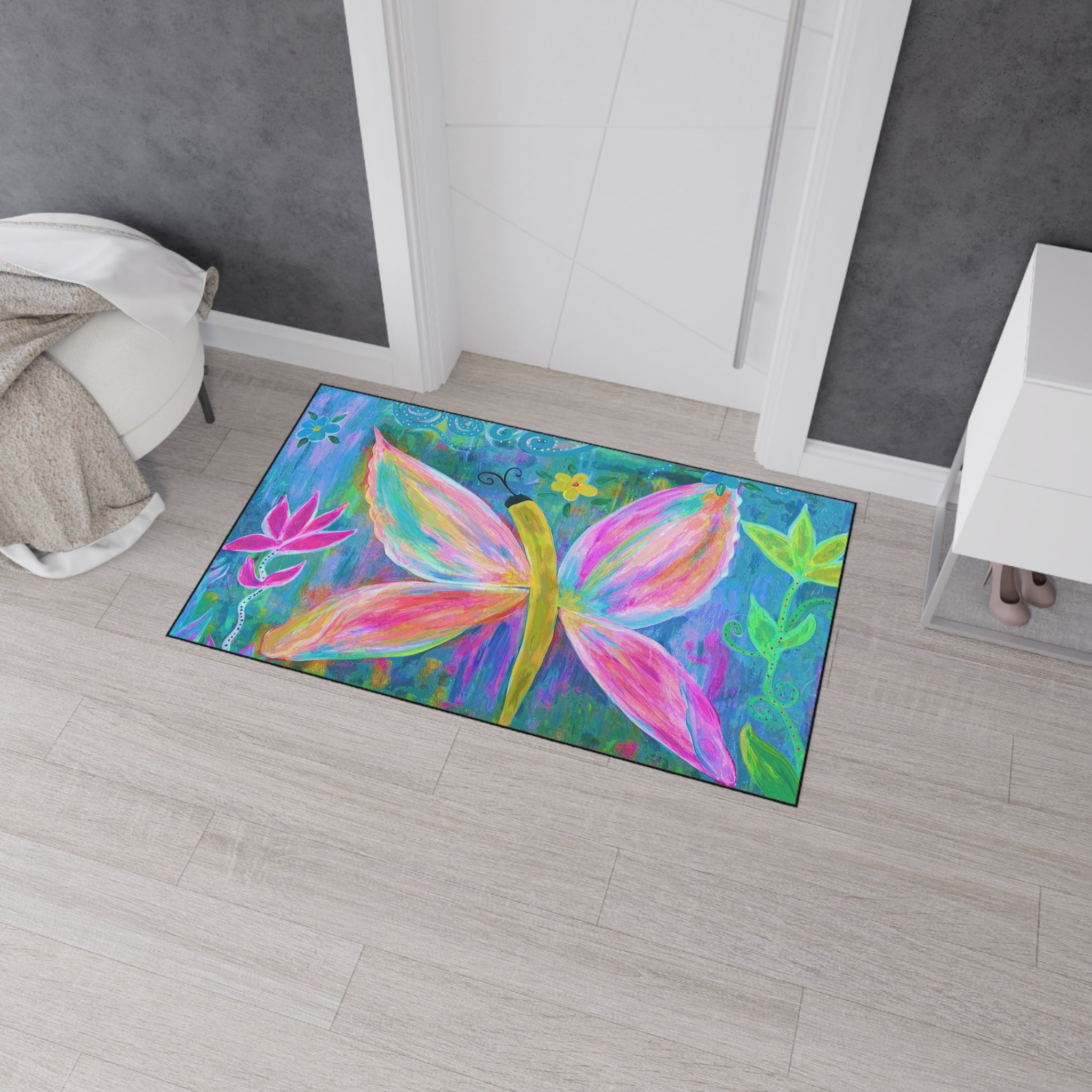 Pink Butterfly Floral Floor Mat — Colorful Garden Doormat