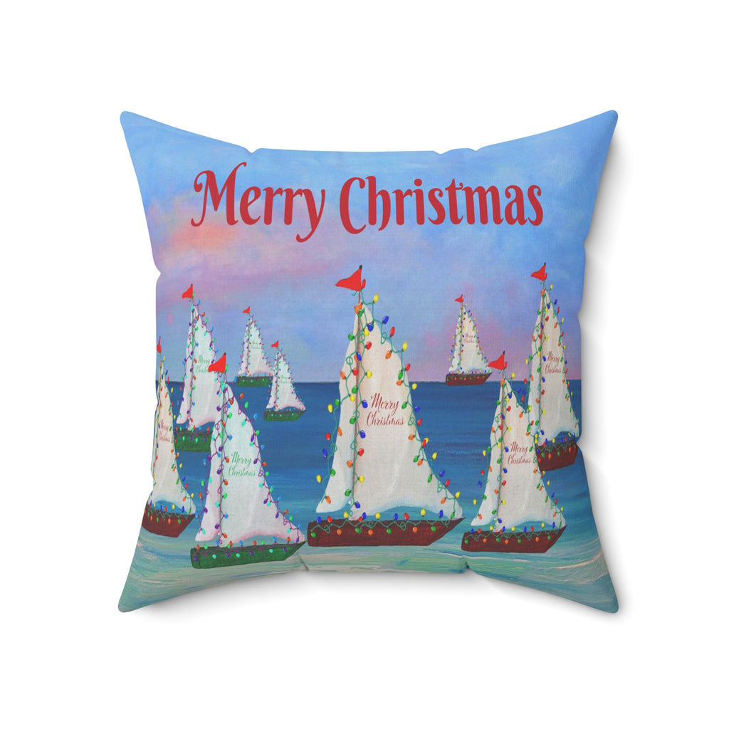 Merry Christmas Sailboat Pillow — Coastal Holiday Decorative Throw Pillow