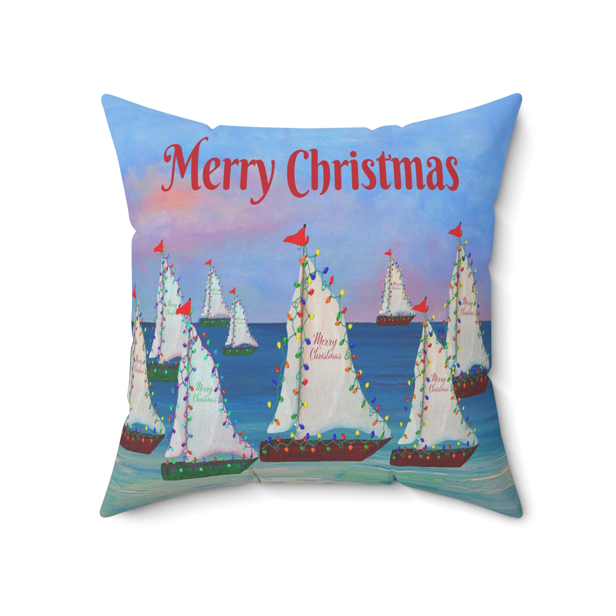 Merry Christmas Sailboat Pillow — Coastal Holiday Decorative Throw Pillow