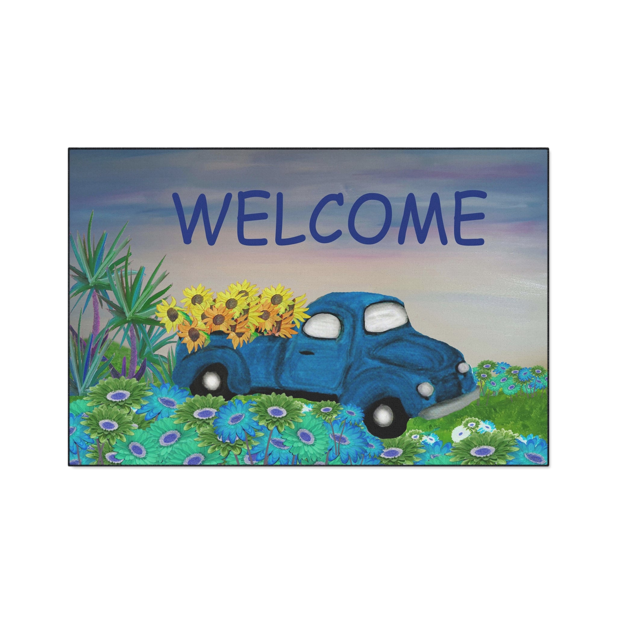 Welcome Blue Truck Doormat - Heavy Duty Floor Mat with Sunflowers