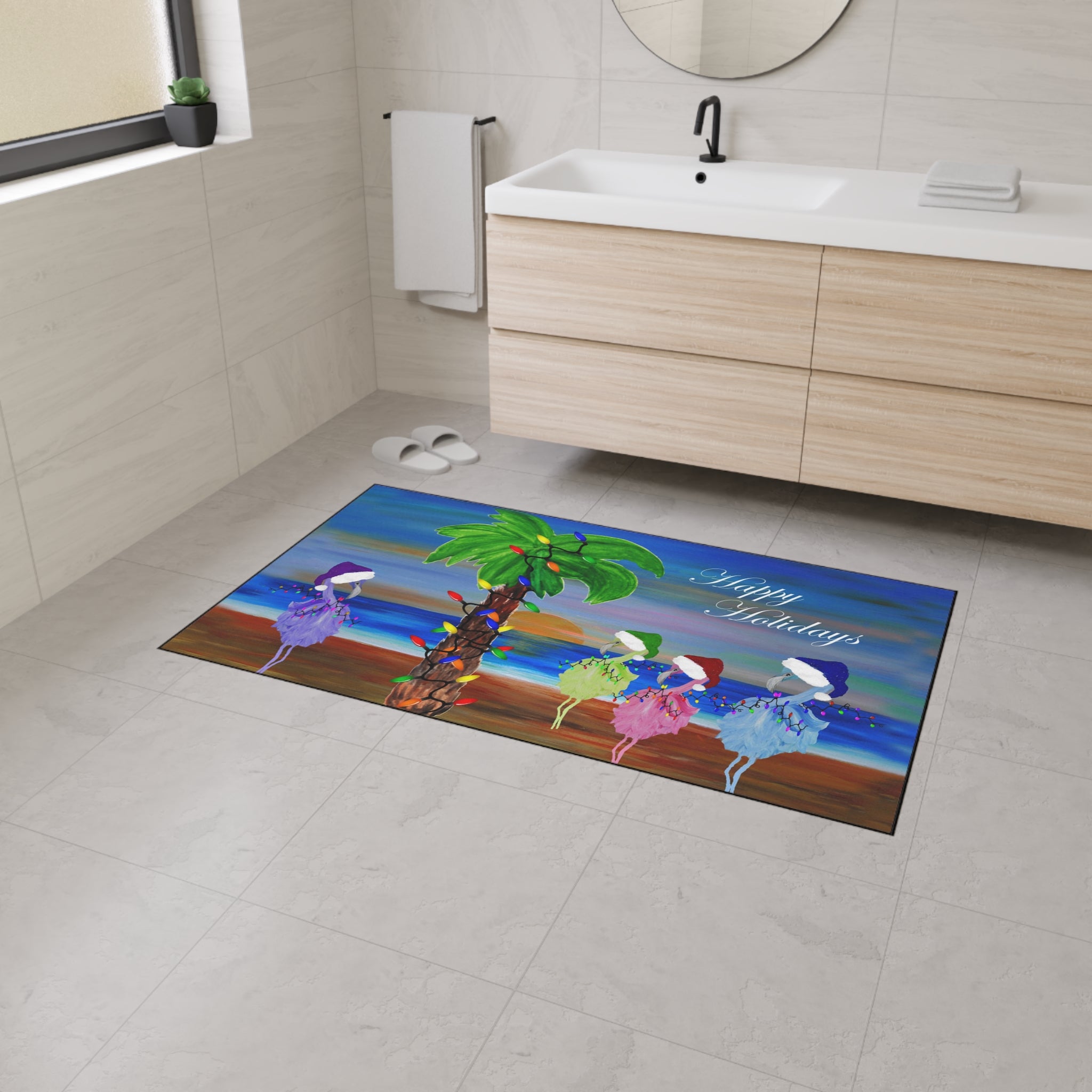 Holiday Beach Floor Mat — "Happy Holidays" Palm Tree & Carolers Doormat