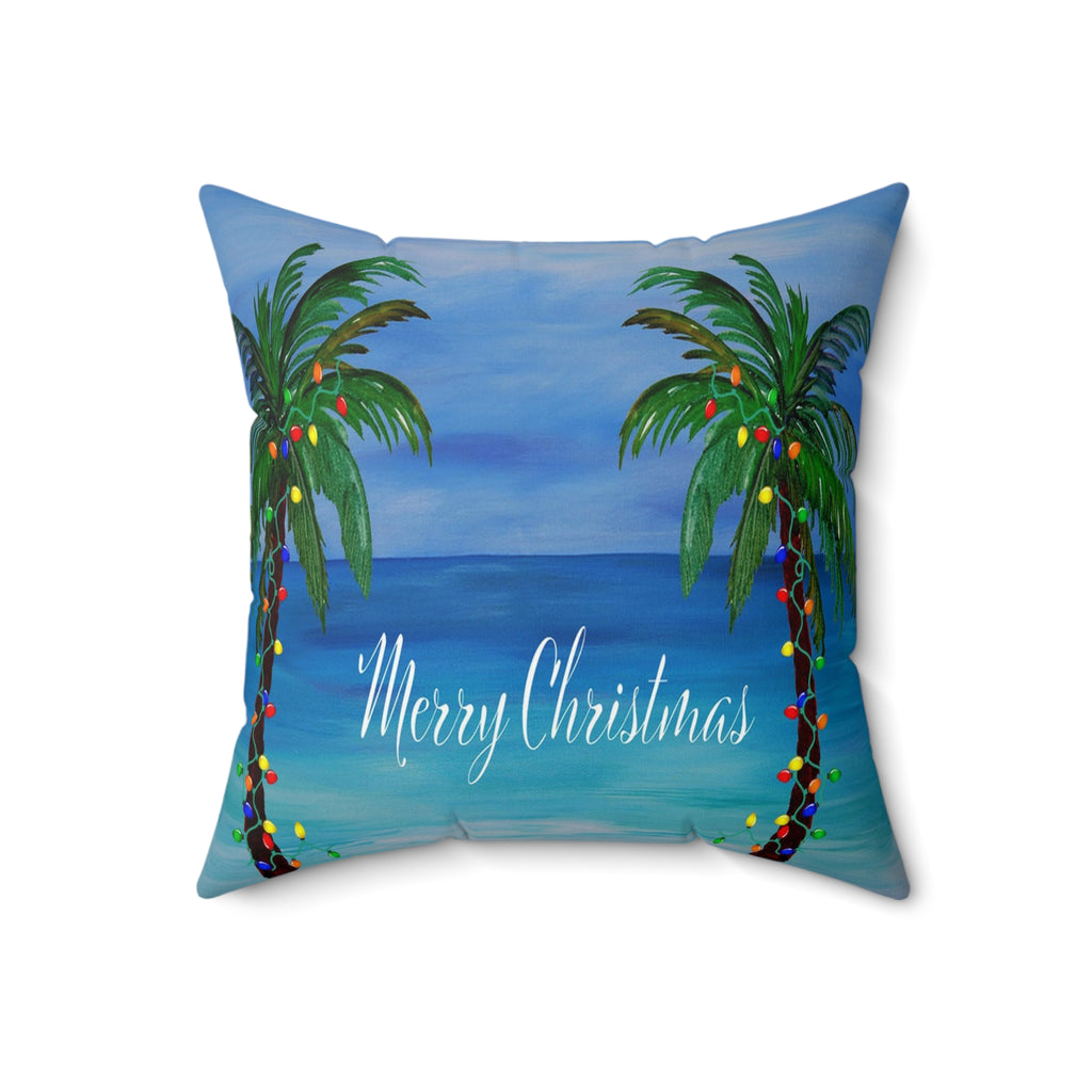 Merry Christmas Tropical Pillow — Palm Trees & Beach Holiday Throw Pillow