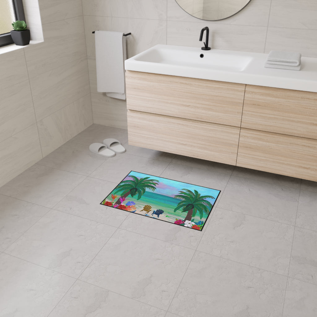 Tropical Beach Floor Mat — Palm Trees, Adirondack Chairs & Floral Welcome Doormat