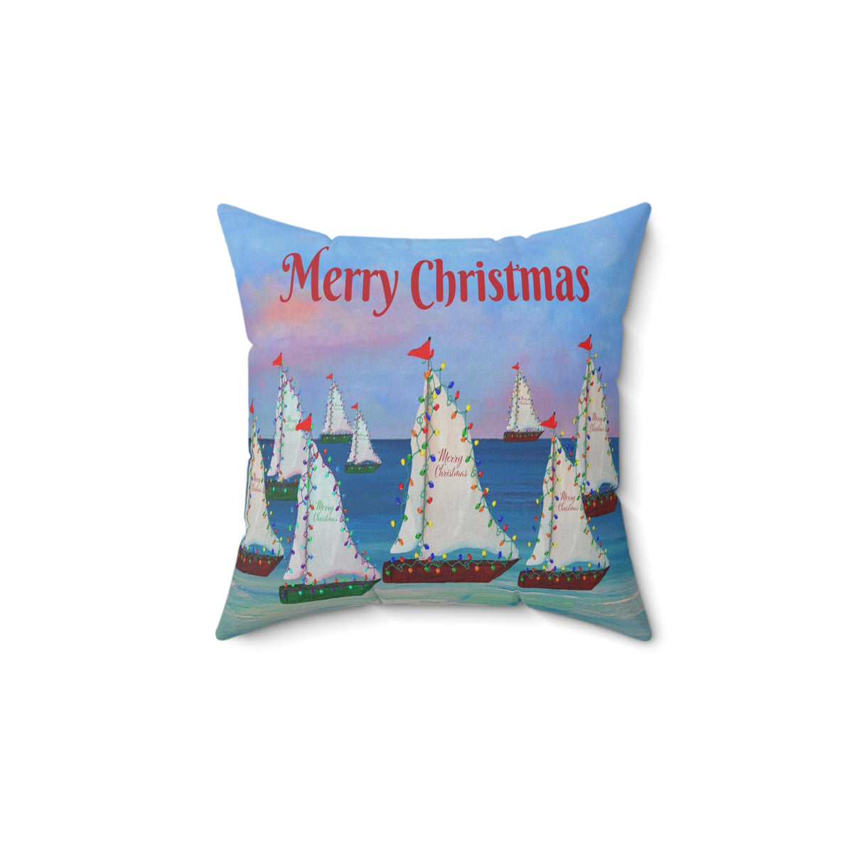 Merry Christmas Sailboat Pillow — Coastal Holiday Decorative Throw Pillow
