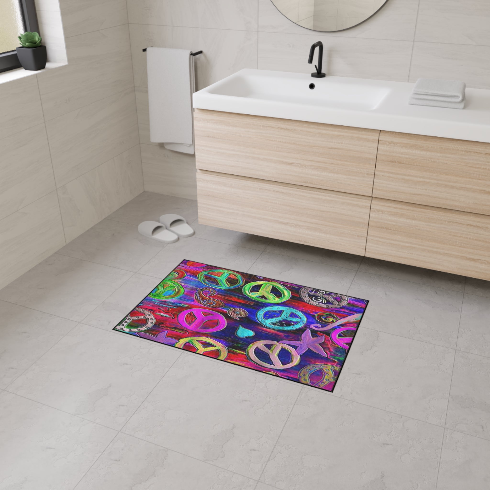 Vibrant Peace Signs Heavy Duty Floor Mat — Colorful Boho Entry Rug