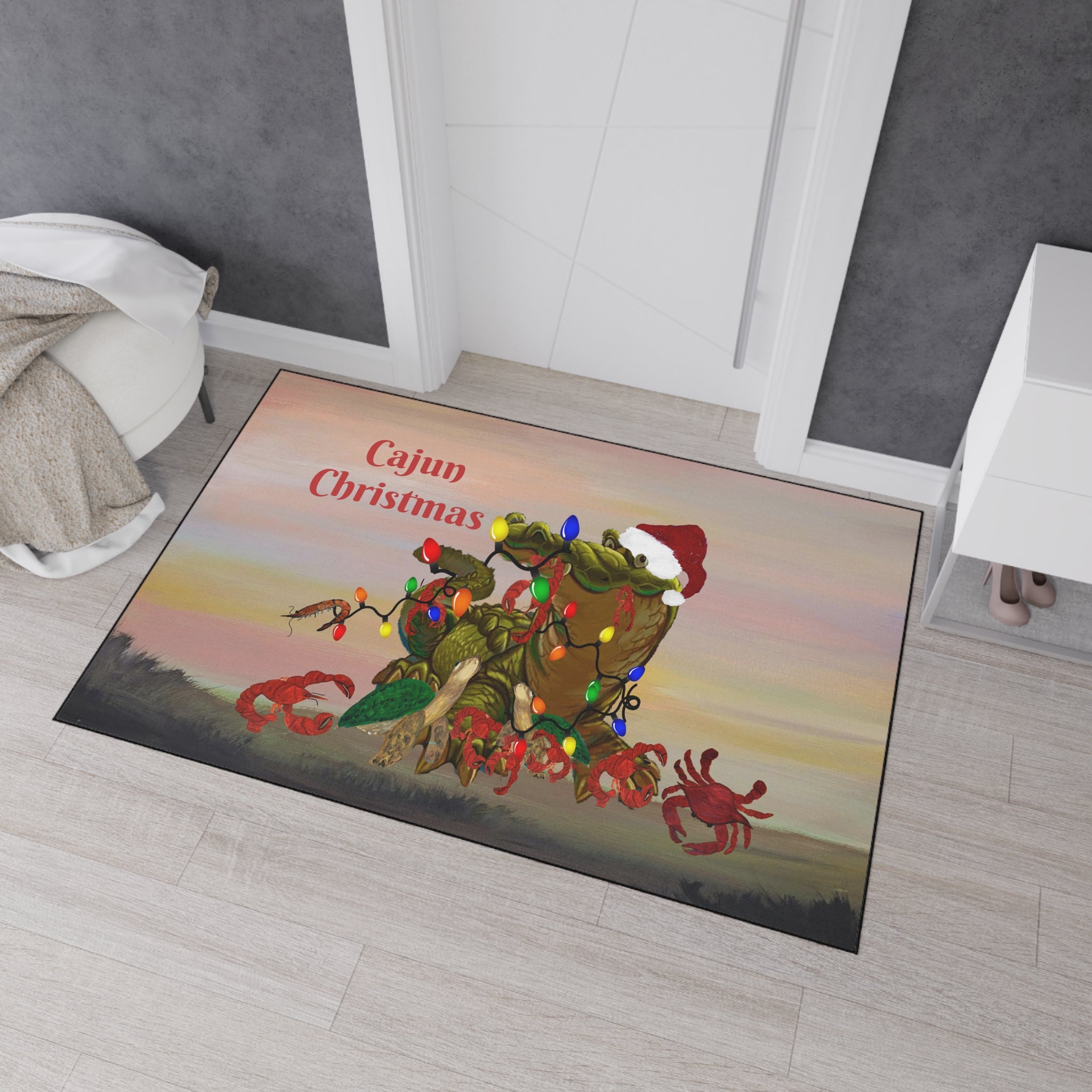 Cajun Christmas Floor Mat – Heavy Duty Holiday Welcome Mat with Crab & Gator Lights