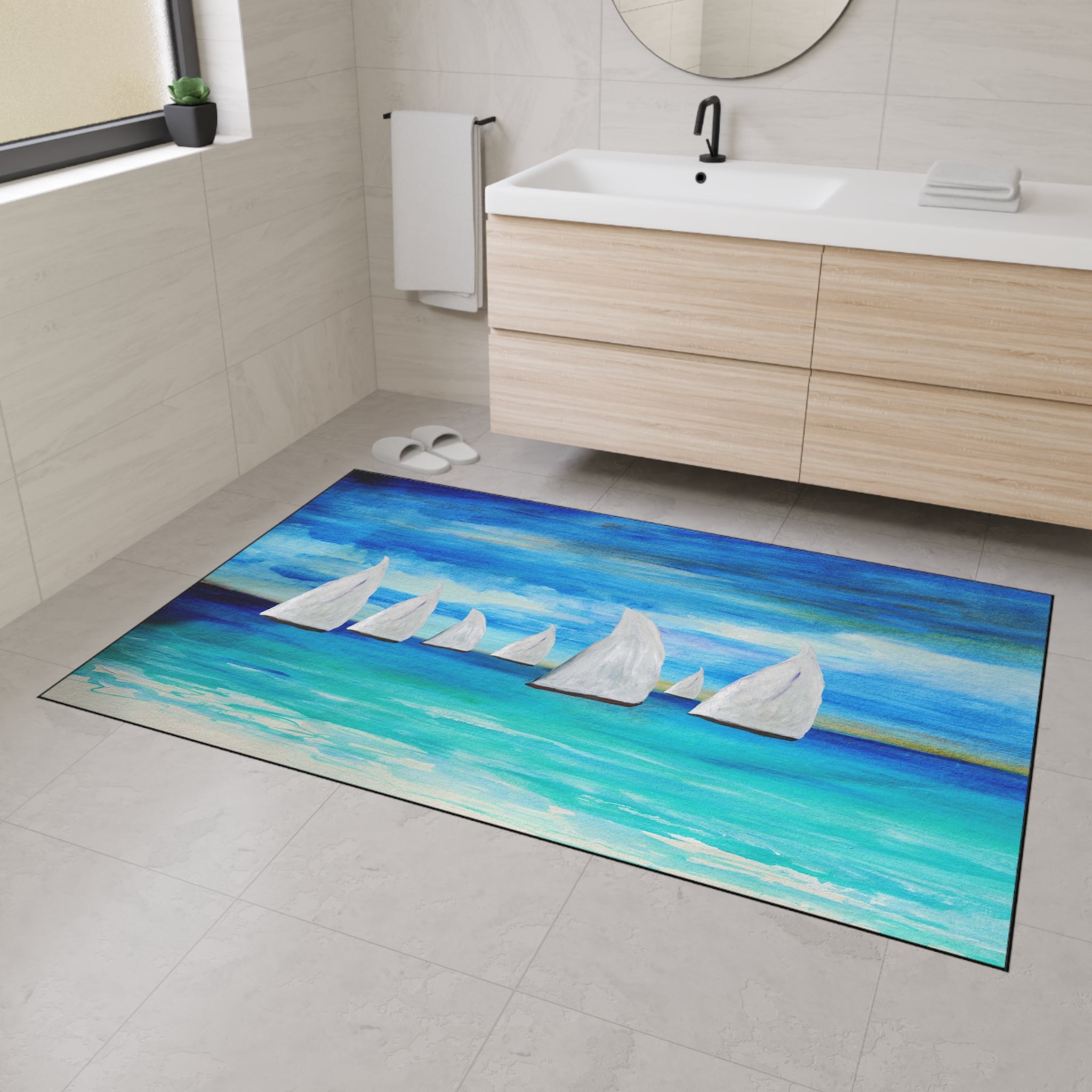 Sailboat Seascape Heavy-Duty Floor Mat — Coastal Nautical Entry Rug