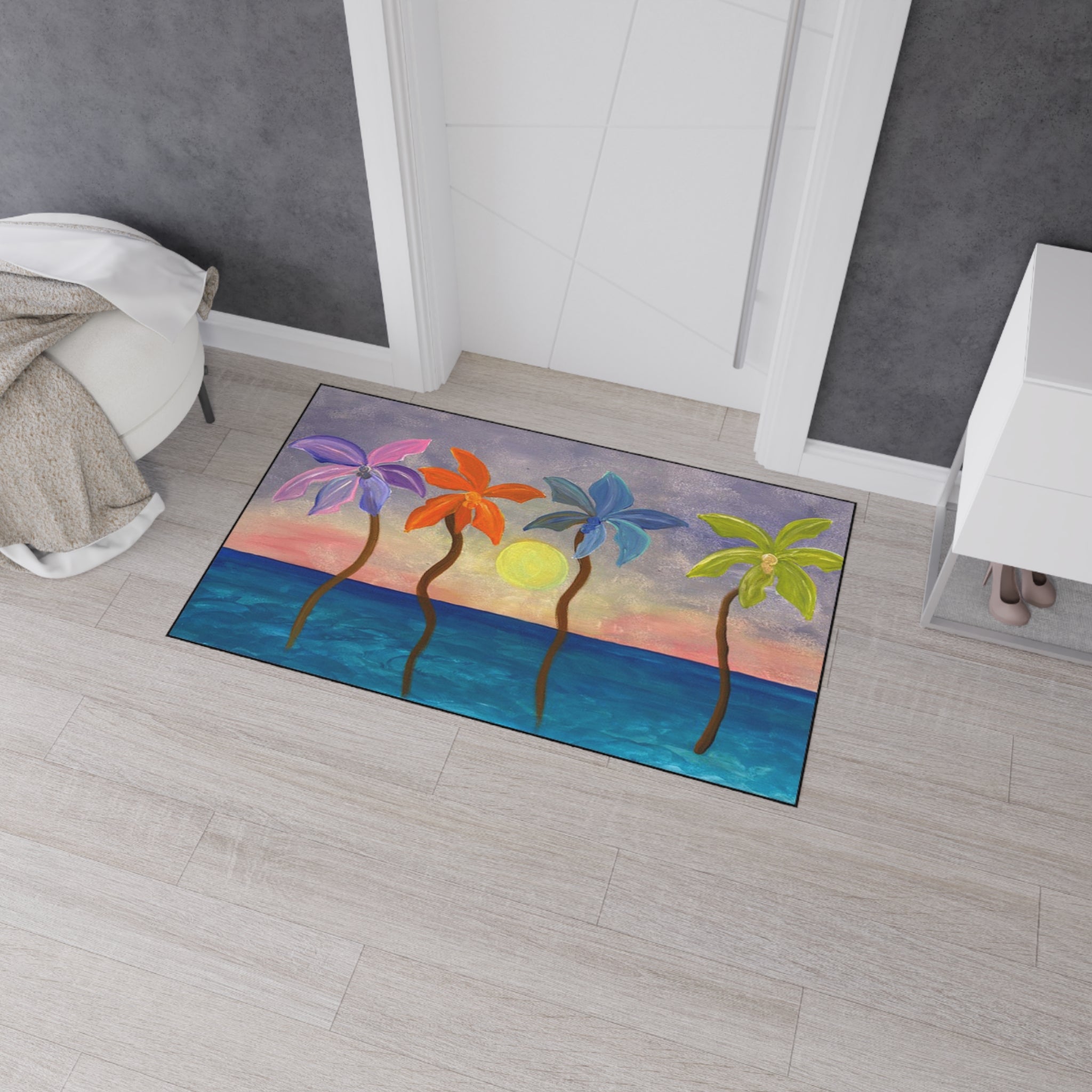 Tropical Sunset Colorful Palm Trees Floor Mat