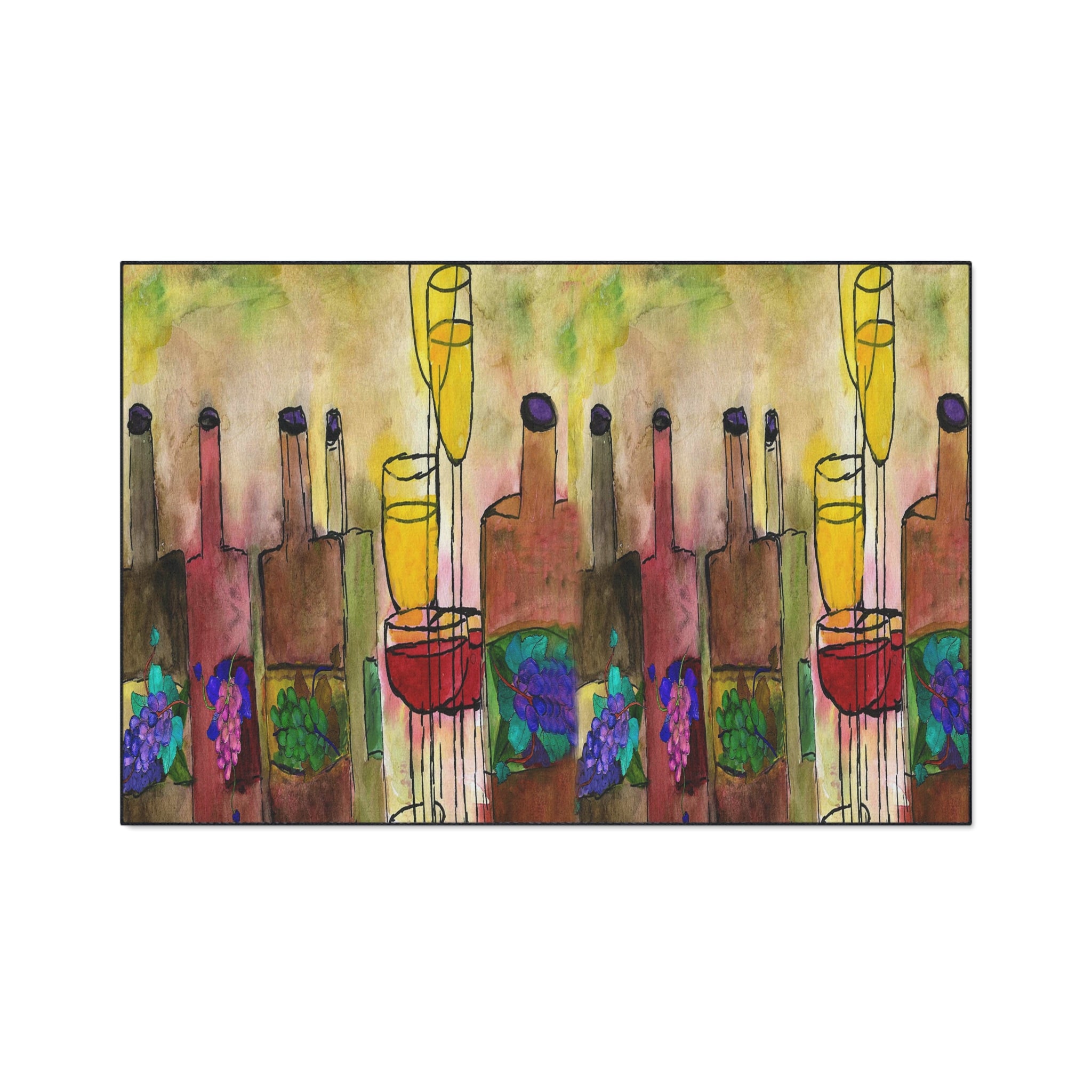 Wine Bottle Art Heavy Duty Floor Mat Vineyard Bar Colorful Grapes & Glasses Entry Rug