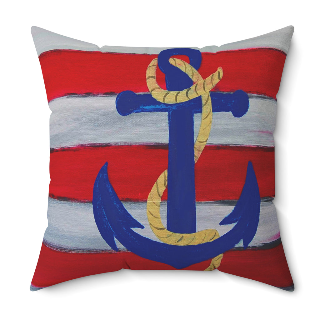 Nautical Anchor Pillow — Red & White Stripe Decorative Throw