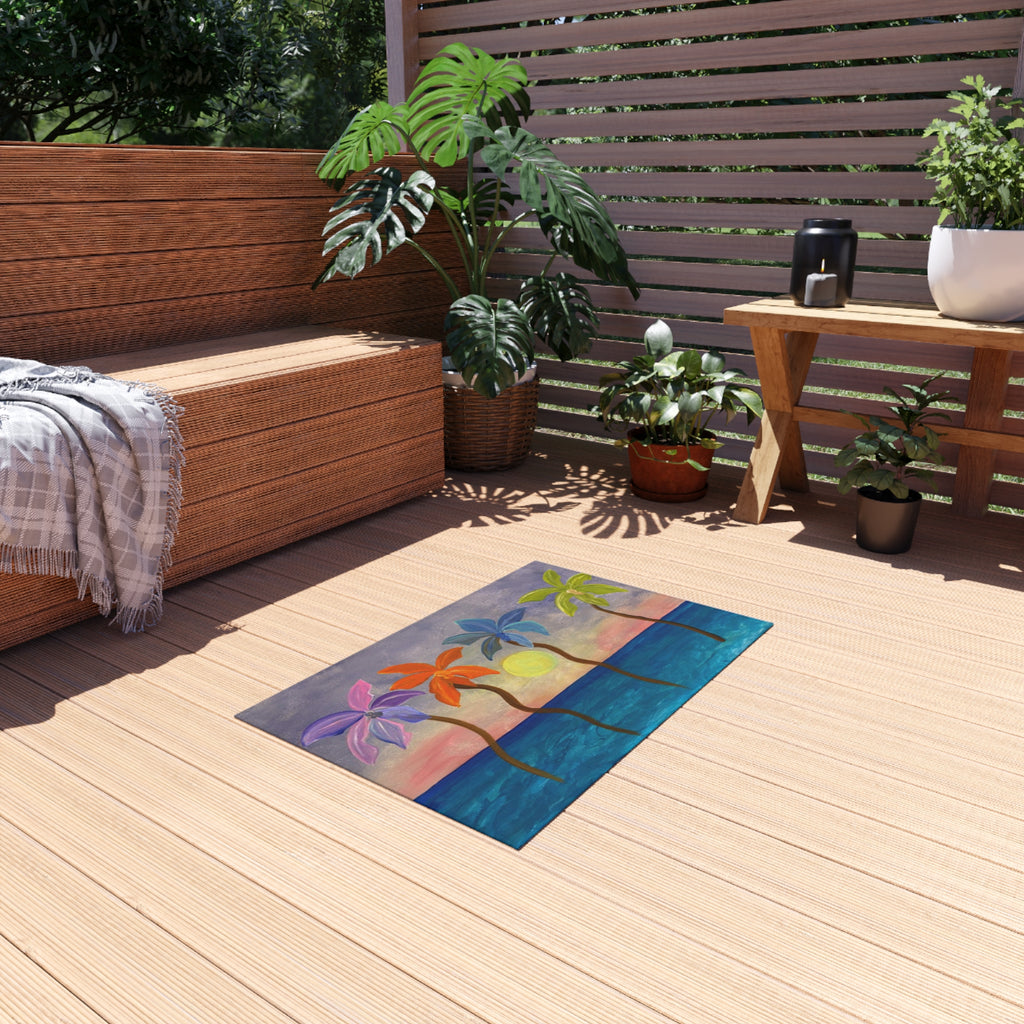 Tropical Sunset Palm Outdoor Rug — Colorful Beach Scene Mat for Patio, Deck & Pool