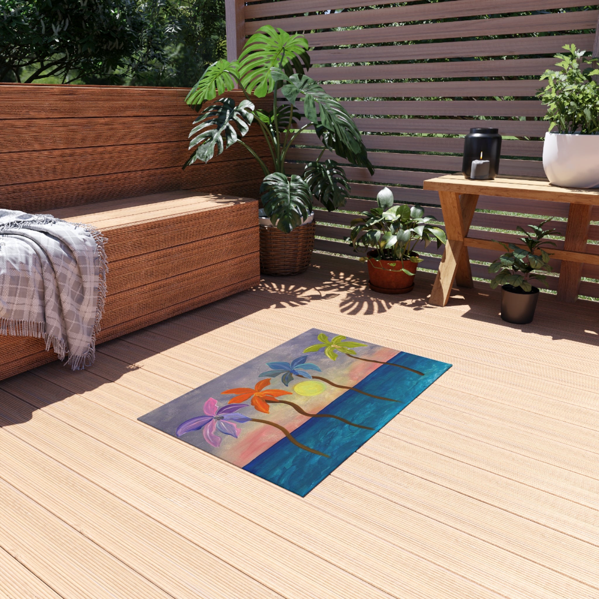 Tropical Sunset Palm Outdoor Rug — Colorful Beach Scene Mat for Patio, Deck & Pool