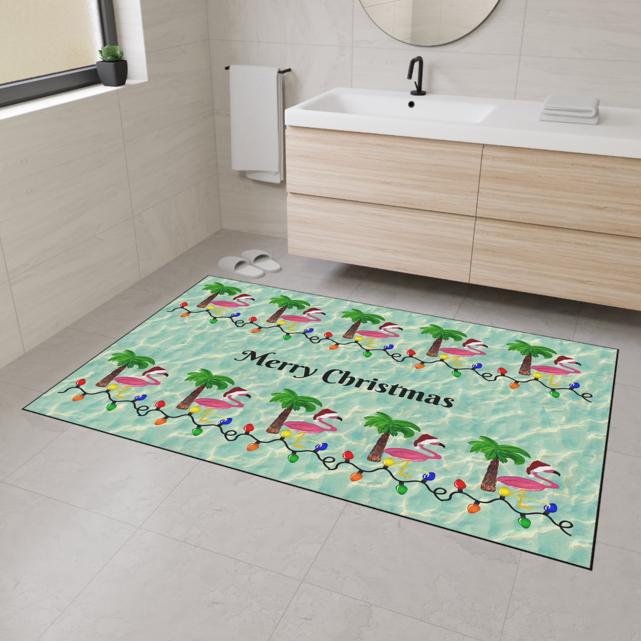 Tropical Flamingo Christmas Floor Mat — Merry Christmas Poolside Doormat