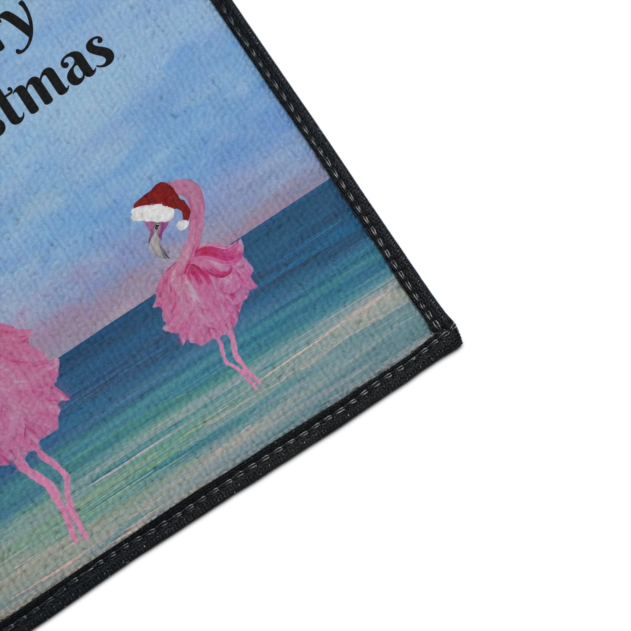 Christmas Beach Floor Mat — "Merry Christmas" Palm & Flamingo Holiday Doormat