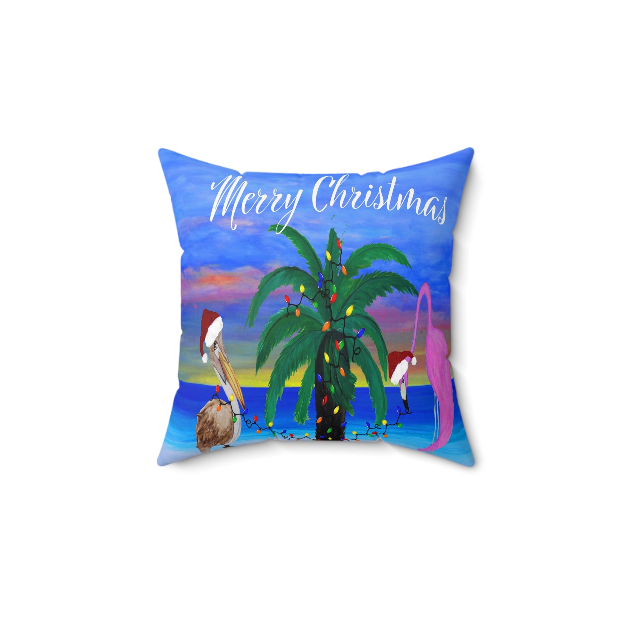 Christmas pelican and flamingo Santas trim a palm tree Holiday lights Spun Polyester Square Pillow