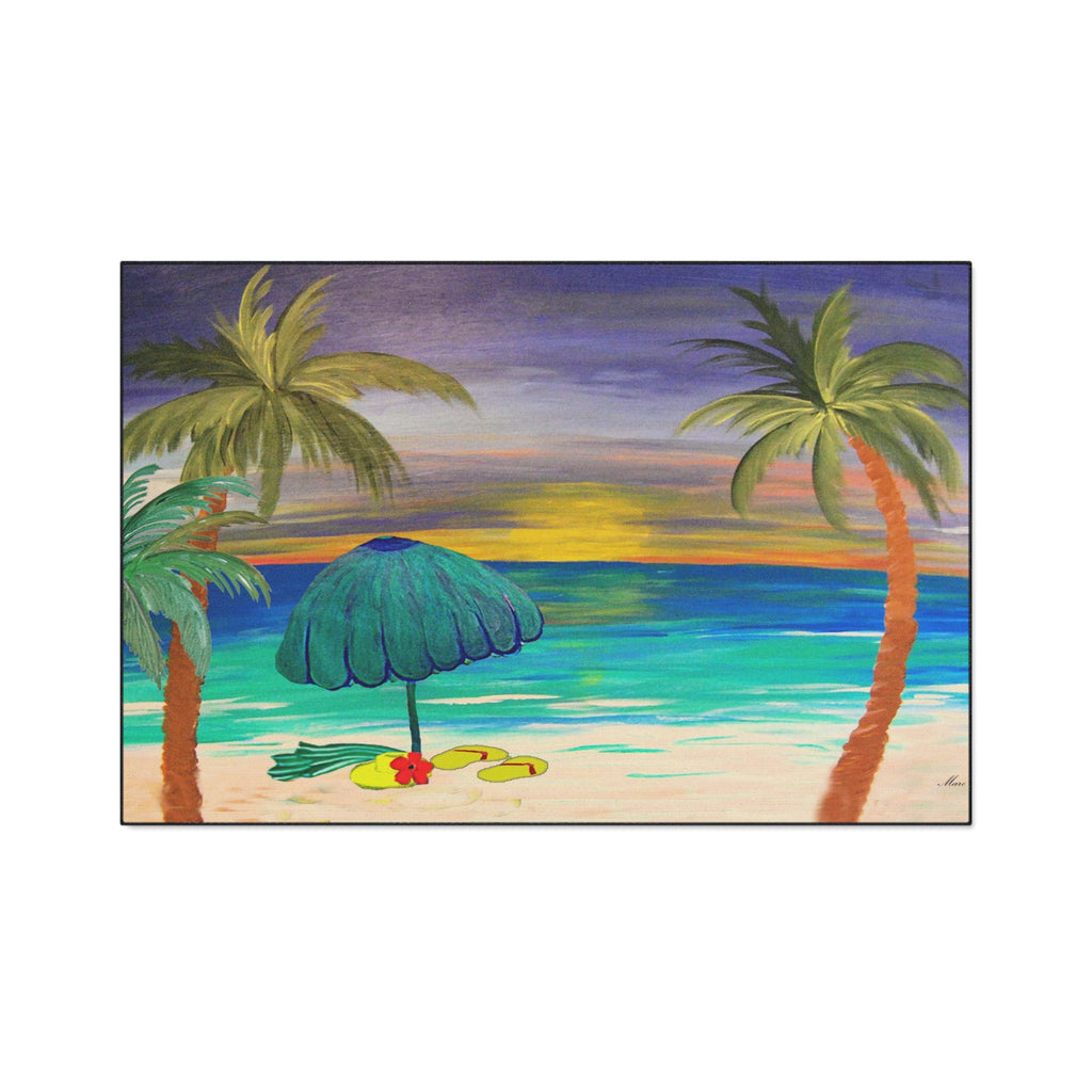 Tropical Sunset Beach Floor Mat — Palm Trees & Umbrella Seaside Doormat