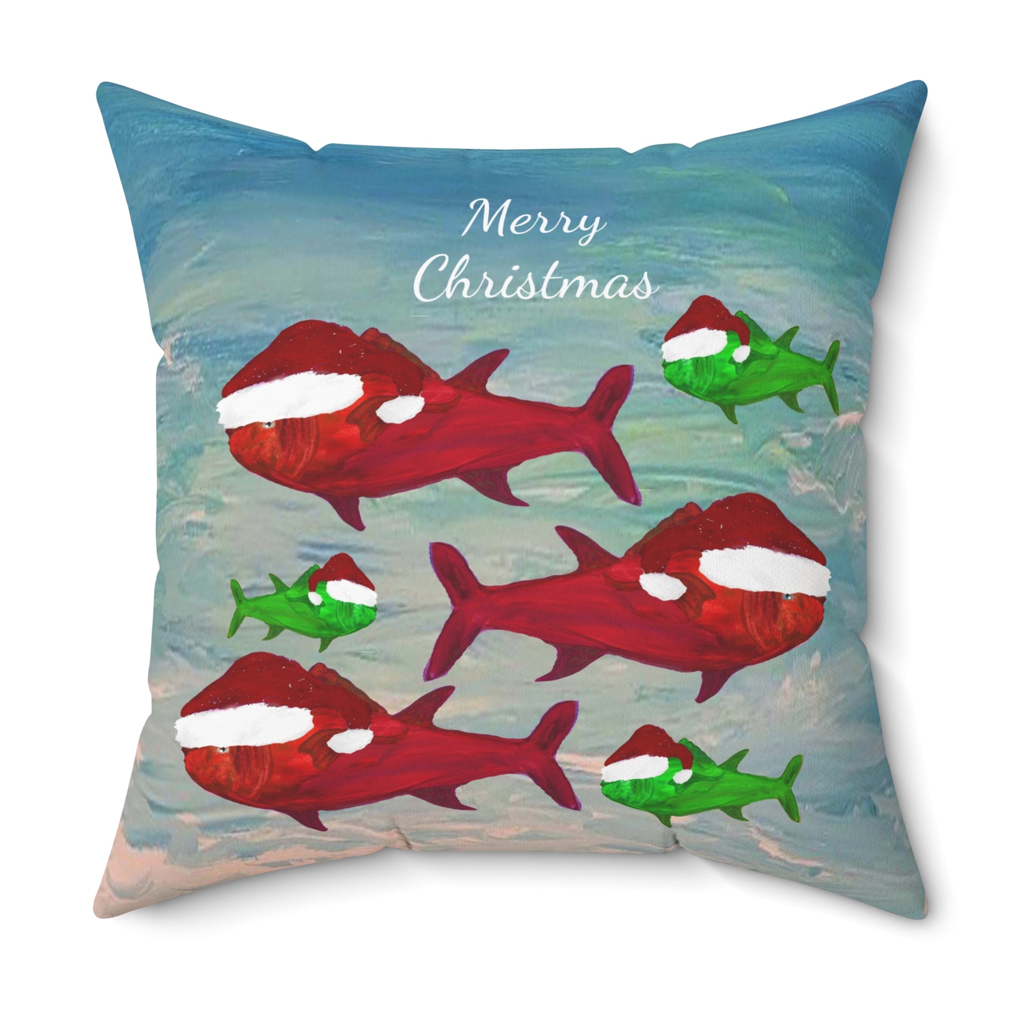 Christmas Fish Throw Pillow — 'Merry Christmas' Nautical Holiday Decor