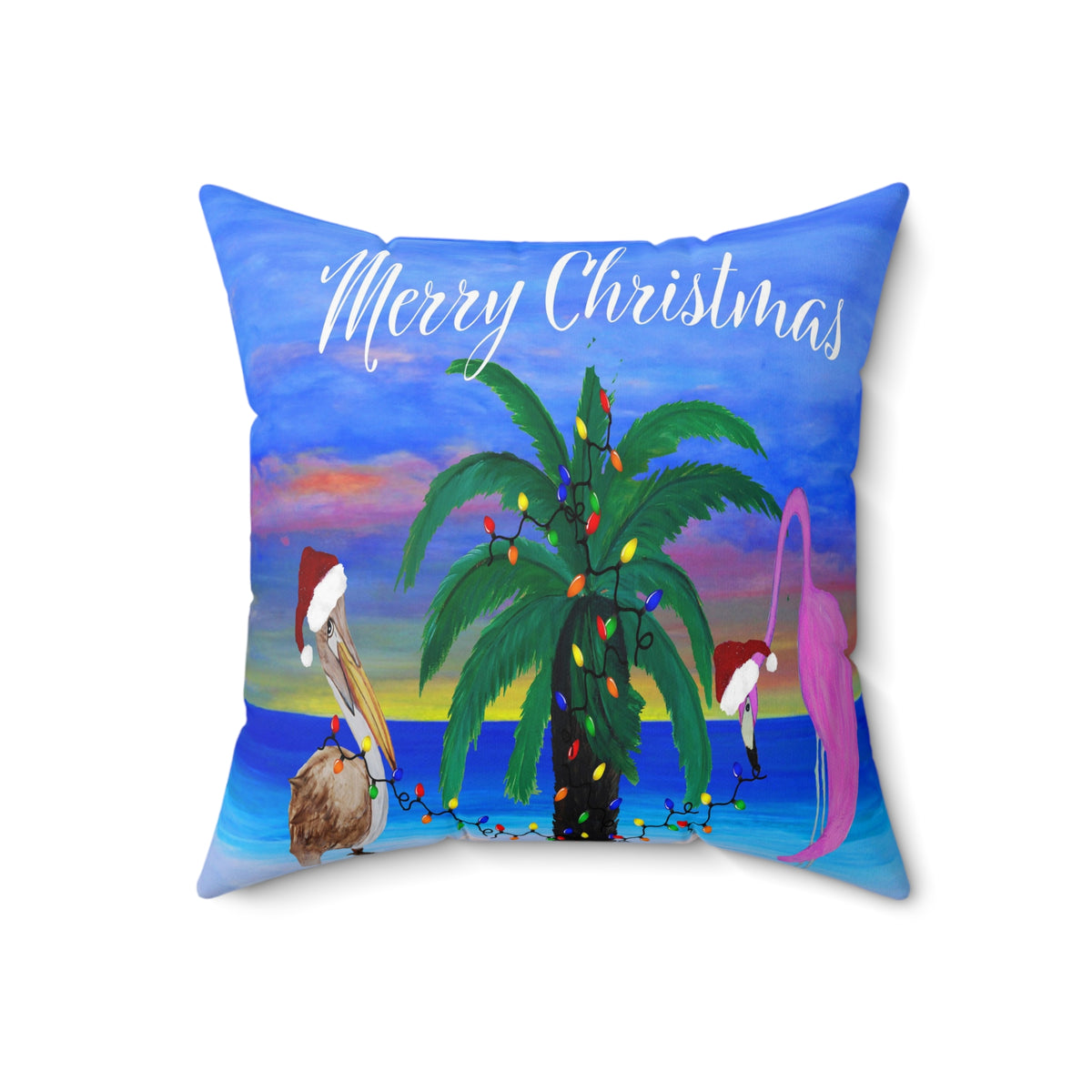 Christmas pelican and flamingo Santas trim a palm tree Holiday lights Spun Polyester Square Pillow