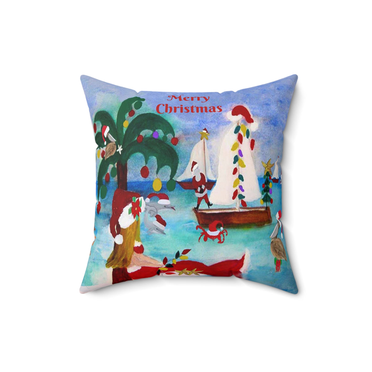 Christmas Coastal Pillow — 'Merry Christmas' Sailboat & Palm Tree Holiday Throw Pillow