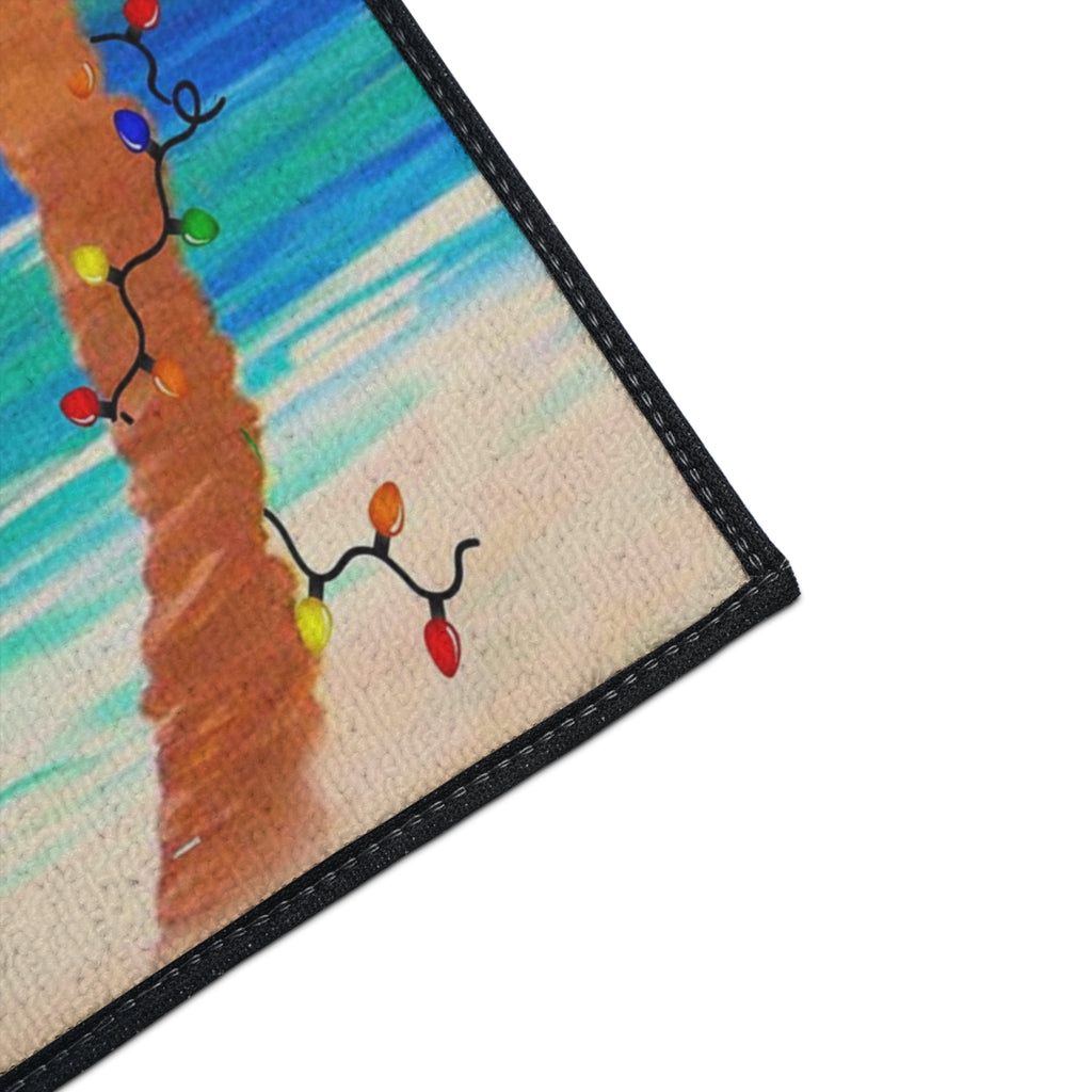 Christmas Beach Floor Mat — "Merry Christmas" Flamingo Palm Tree Doormat
