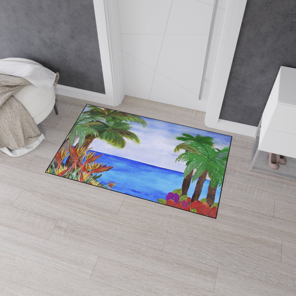 Tropical Beach Floor Mat – Palm Trees & Ocean Welcome Rug