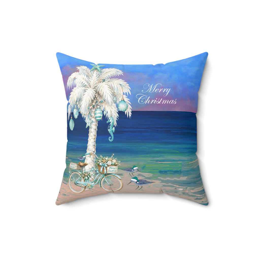 Coastal Christmas Pillow — Beach Palm Tree "Merry Christmas" Throw Pillow