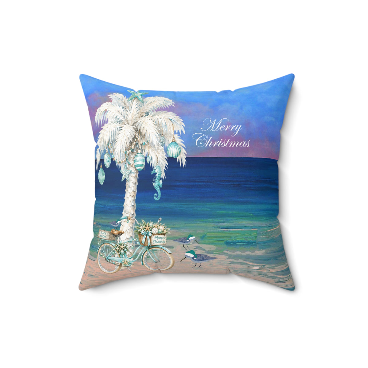 Coastal Christmas Pillow — Beach Palm Tree "Merry Christmas" Throw Pillow