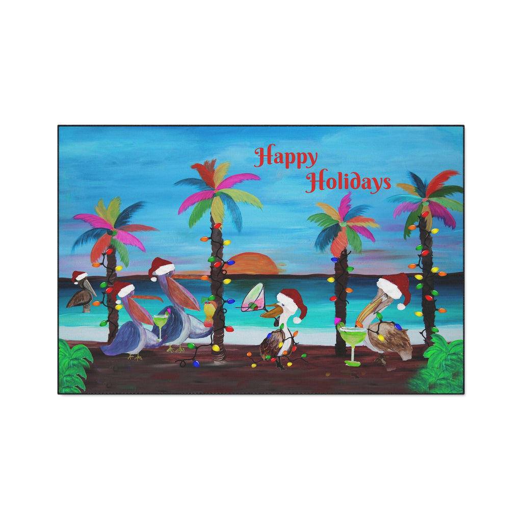 Christmas Pelican Party Cocktails Beach Mat — "Merry Christmas" Holiday Doormat