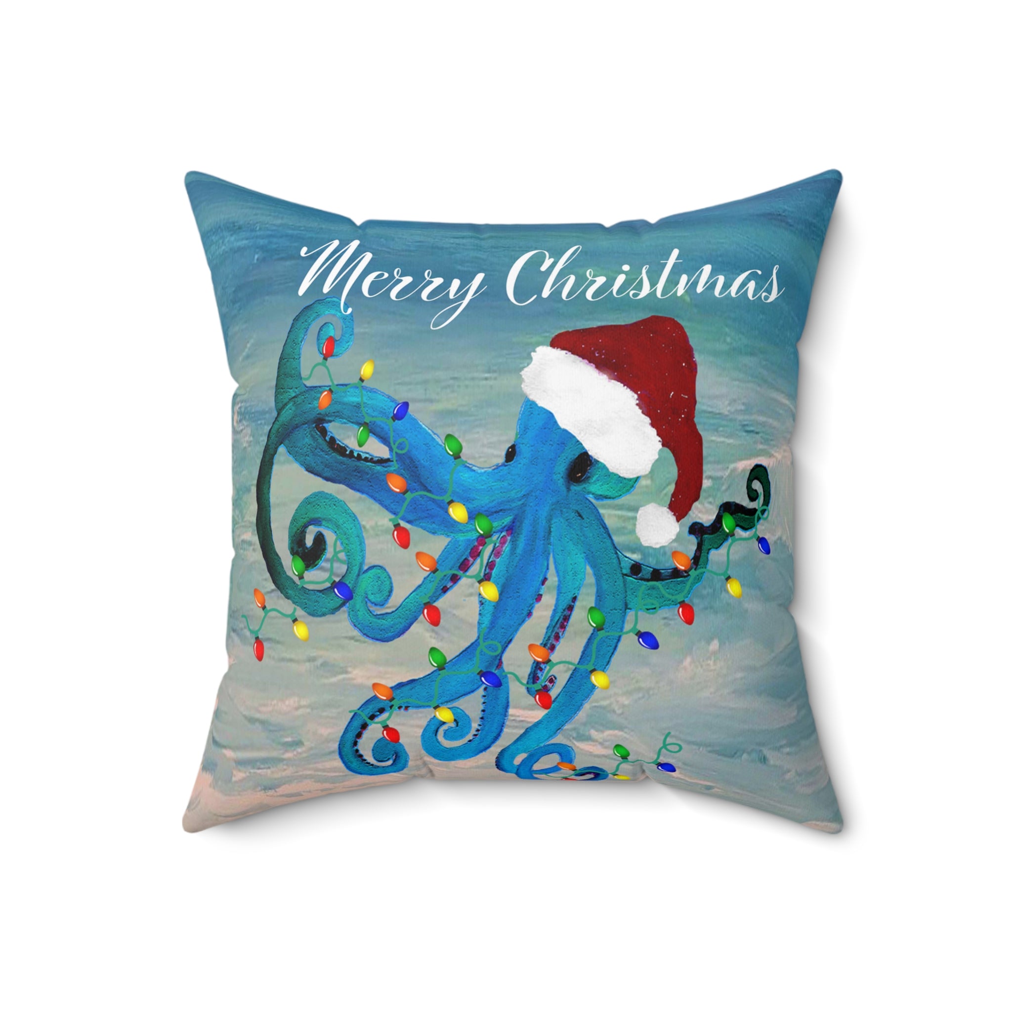 Merry Christmas Octopus Pillow — Festive Santa Hat Sea Creature Throw Pillow