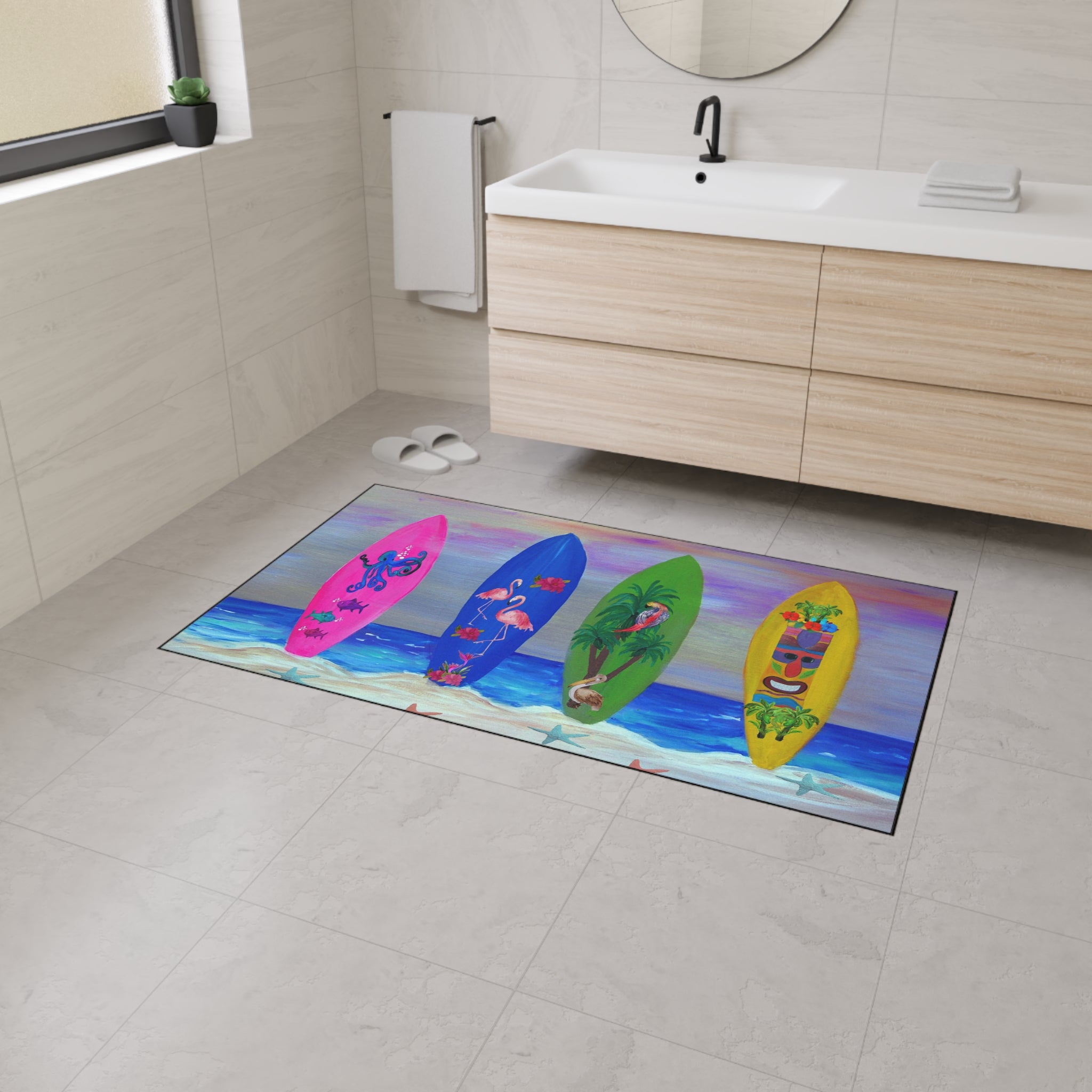 Tropical Surfboard Beach Mat — Heavy Duty Floor Mat with Colorful Surf Art